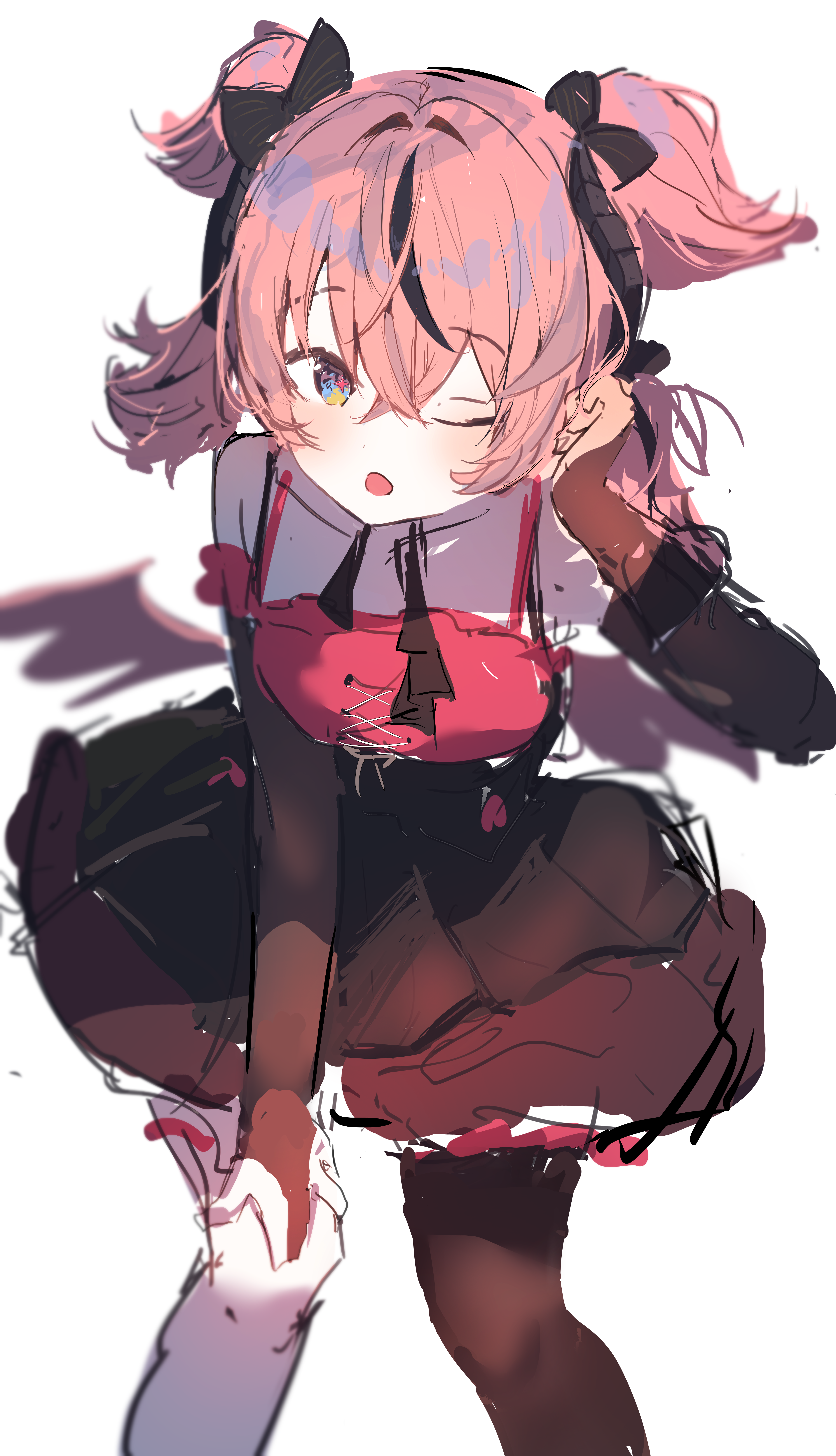 katata, aria (zenless zone zero), zenless zone zero, absurdres, commentary, highres, 1girl, angel wings, aria (discordant note) (zenless zone zero), black skirt, black streaks, black thighhighs, blush, hand on own leg, looking at viewer, medium hair, multicolored hair, official alternate costume, one eye closed, pink hair, purple eyes, red shirt, shirt, single thighhigh, skirt, solo, streaked hair, thighhighs, two side up, wings