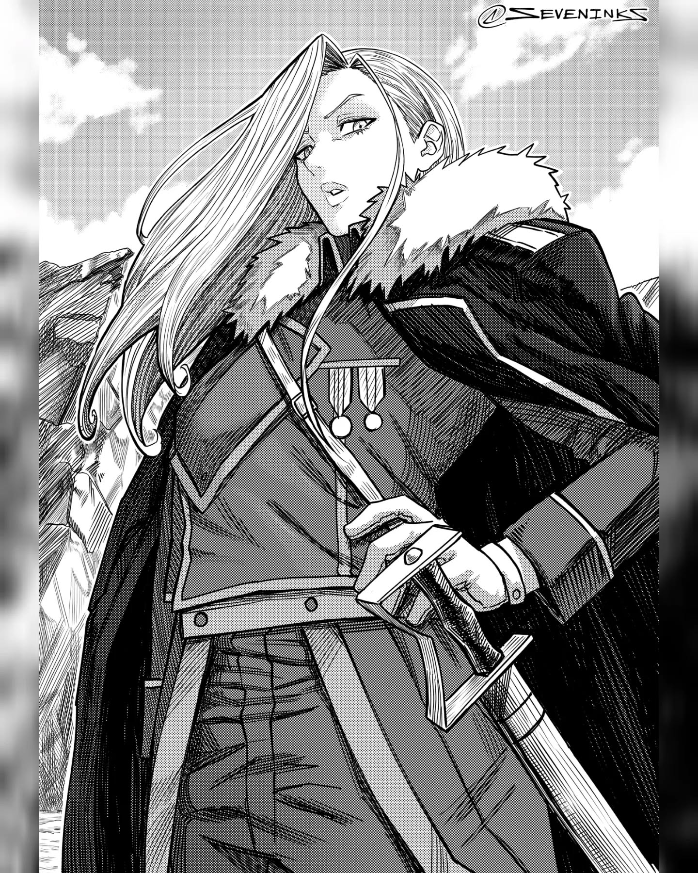 seveninks, olivier mira armstrong, fullmetal alchemist, commentary, highres, 1girl, amestris military uniform, cloud, coat, coat on shoulders, cowboy shot, fur-trimmed coat, fur trim, gloves, greyscale, hand on own hip, hatching (texture), instagram username, long hair, medal, military uniform, monochrome, parted lips, pillarboxed, sheath, sheathed, sky, solo, sword, weapon