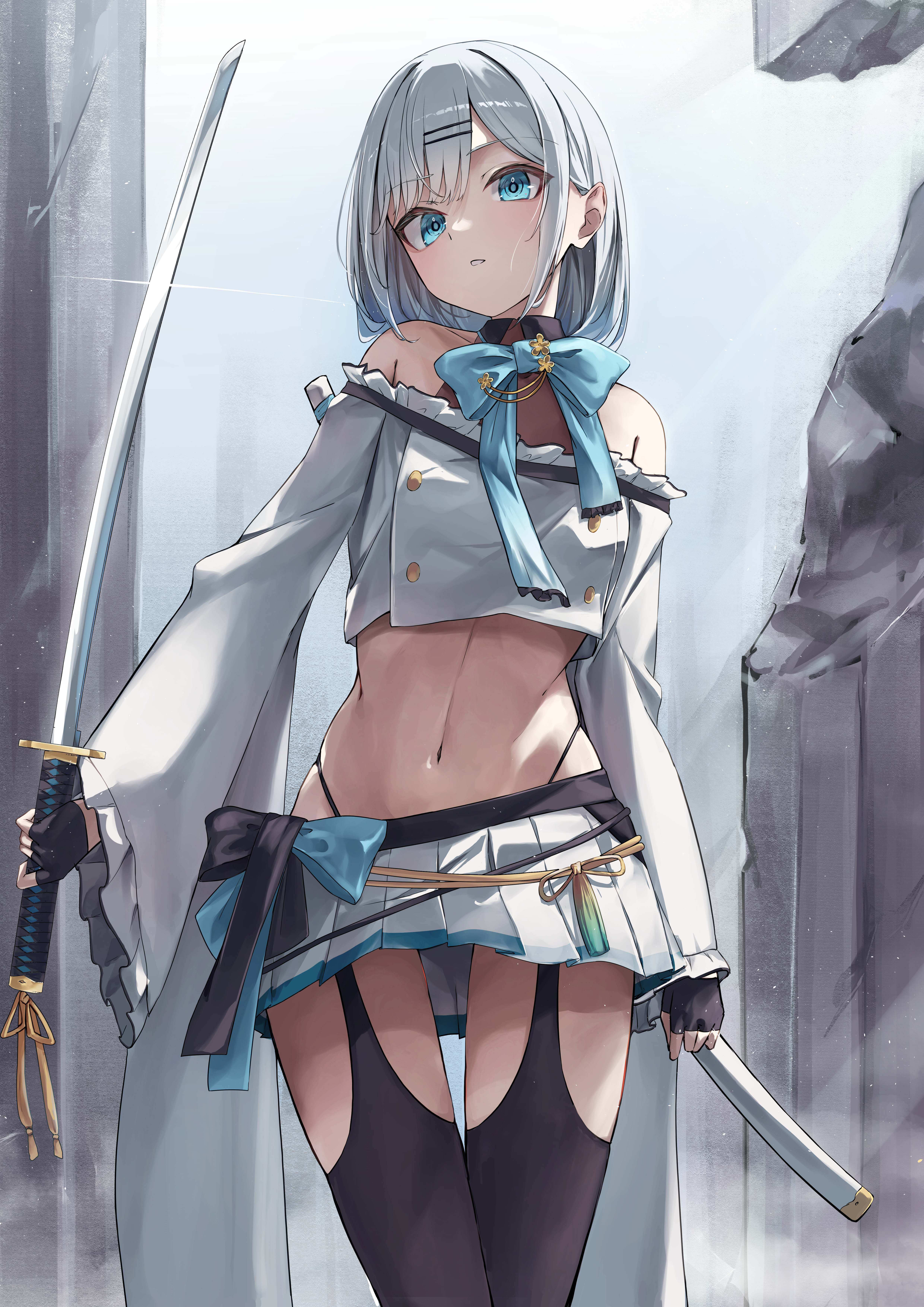 sakahana, kaga sumire, vspo!, absurdres, commentary request, highres, 1girl, alternate costume, bare shoulders, black gloves, black thighhighs, blue bow, blue bowtie, blue eyes, bow, bowtie, fingerless gloves, gloves, hair ornament, hairclip, holding, holding sword, holding weapon, katana, long sleeves, looking at viewer, midriff, miniskirt, navel, pleated skirt, skirt, solo, standing, sword, thigh gap, thighhighs, virtual youtuber, weapon, white hair, white skirt
