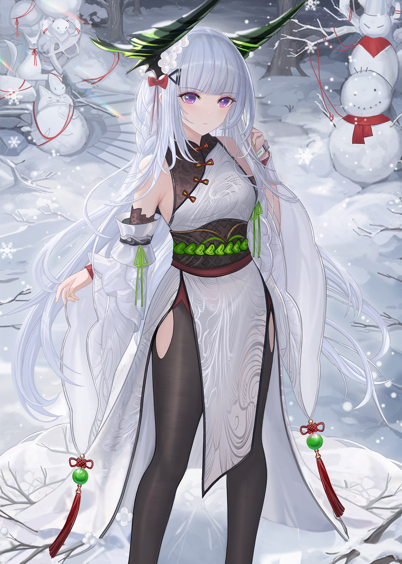 yizhibao, original, chinese commentary, commentary request, highres, 1girl, bare shoulders, black horns, black pantyhose, bow, breasts, closed mouth, clothing cutout, dress, feet out of frame, flower, hair bow, hair flower, hair ornament, hand up, hip vent, horns, long hair, looking at viewer, medium breasts, outdoors, pantyhose, pelvic curtain, purple eyes, red bow, snow, snowman, solo, standing, very long hair, white dress, white flower