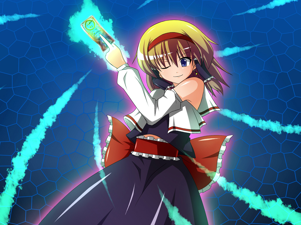 fal (falketto), falketto, alice margatroid, hakurei reimu, dragon ball, dragonball z, touhou, 1girl, arm warmers, bare shoulders, blonde hair, blue eyes, brown hair, detached sleeves, earrings, female focus, fusion, glowing, gradient hair, grid background, hairband, japanese clothes, jewelry, miko, mosaic background, multicolored hair, ofuda, one eye closed, short hair, solo, wink