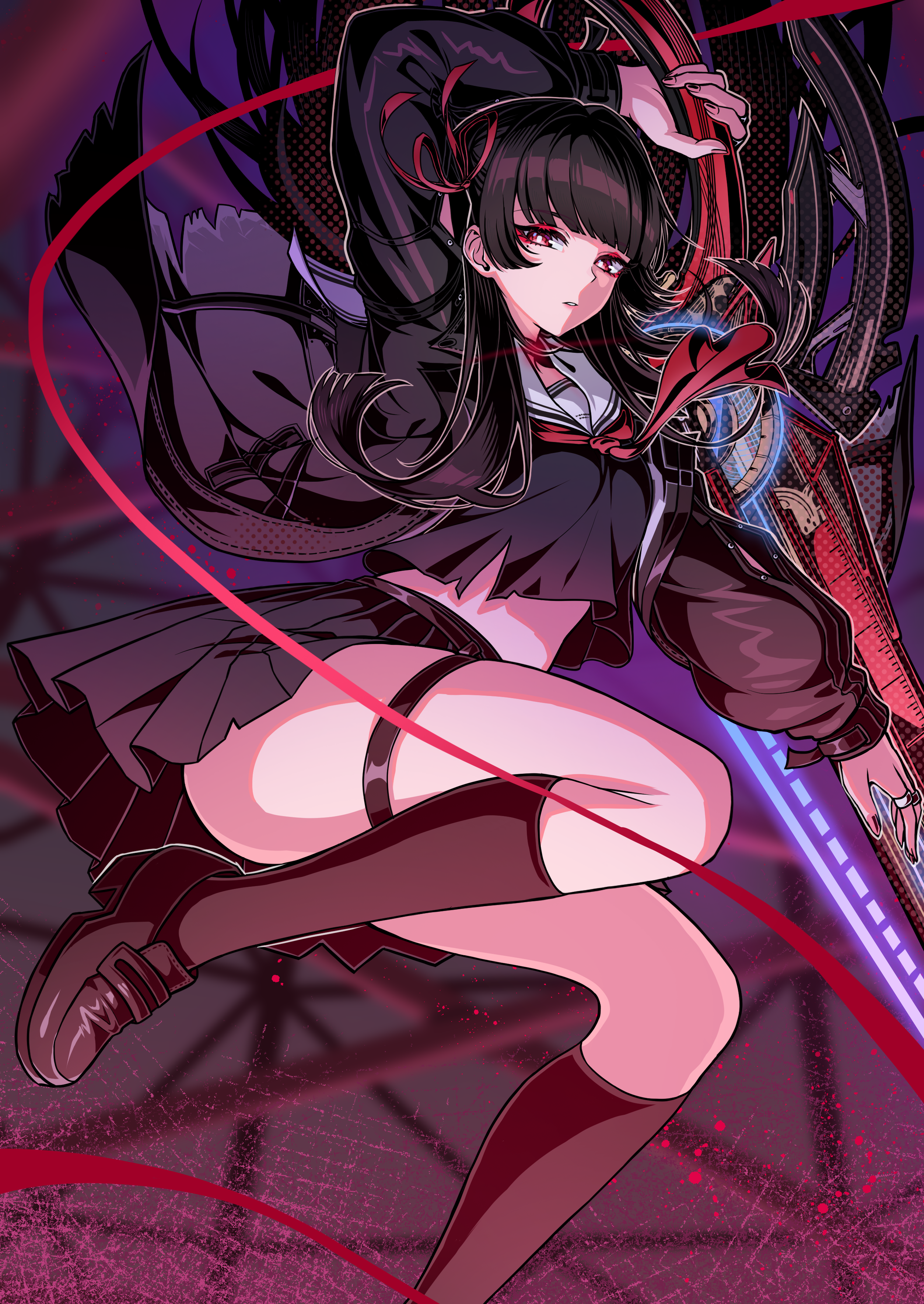 yuito (yuitokobunasbs0), chisa (wuthering waves), wuthering waves, absurdres, commentary, highres, 1girl, arm up, black hair, black jacket, black serafuku, black shirt, black skirt, black socks, foot out of frame, hair ribbon, holding, holding sword, holding weapon, jacket, long hair, long sleeves, looking at viewer, neckerchief, parted lips, red eyes, red neckerchief, red ribbon, ribbon, sailor collar, school uniform, serafuku, shirt, skirt, socks, solo, sword, thigh strap, thighs, weapon, white sailor collar