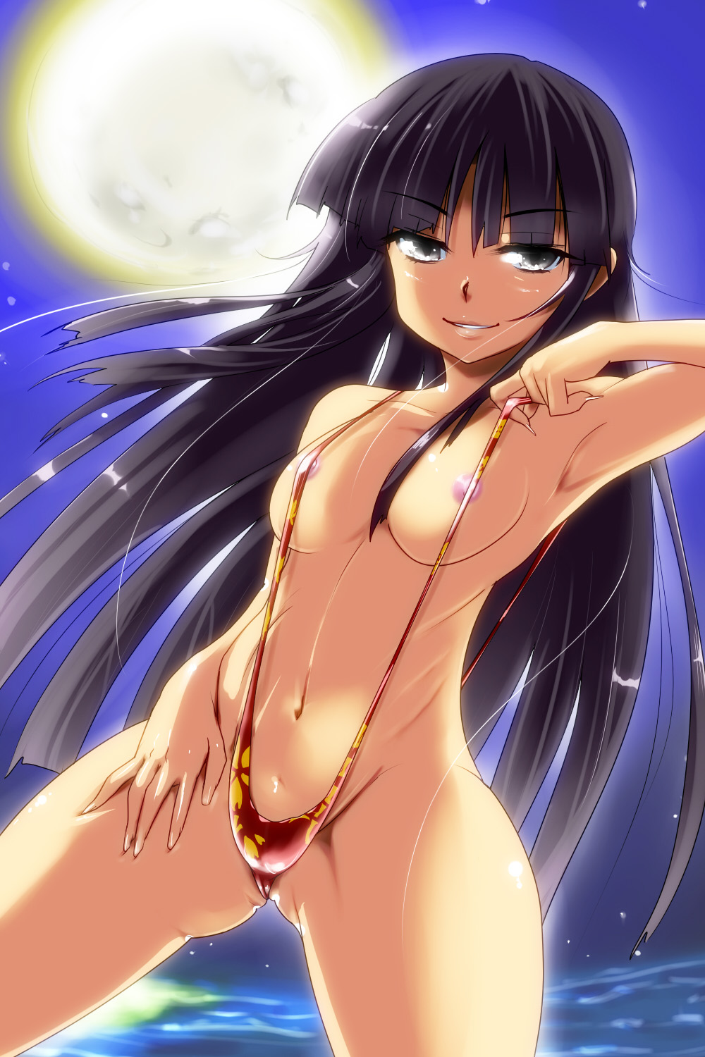 hyudora, houraisan kaguya, touhou, bad id, bad pixiv id, highres, 1girl, areola slip, armpits, black hair, breasts, female focus, full moon, long hair, moon, navel, nipple slip, nipples, slingshot swimsuit, small breasts, solo, swimsuit, water
