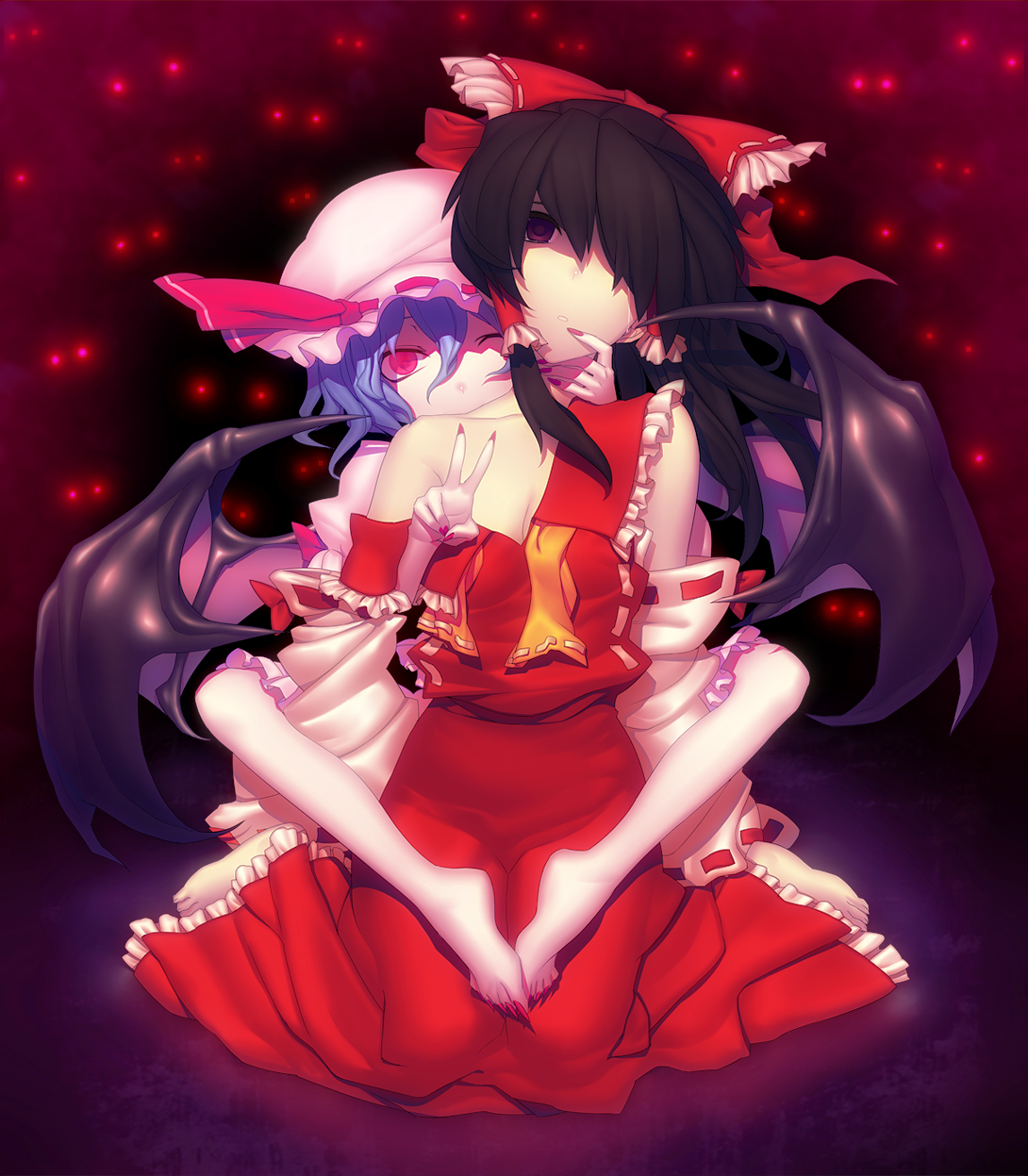 fondolger, hakurei reimu, remilia scarlet, touhou, domination, bad id, bad pixiv id, highres, 2girls, barefoot, bat wings, blue hair, bow, brown hair, detached sleeves, empty eyes, feet, female focus, hair bow, hat, multiple girls, off shoulder, red eyes, short hair, tears, v, wings, wink