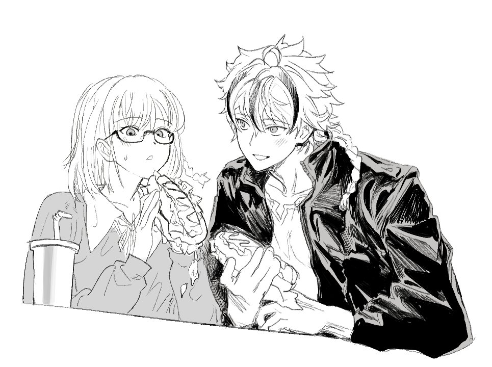 richard i (fate), sajou ayaka (fate/strange fake), fate/strange fake, fate (series), commentary request, korean commentary, 1girl, ahoge, braid, braided ponytail, drink, food, glasses, greyscale, holding, holding food, hot dog, jacket, medium hair, meganebeeam, monochrome, open mouth, shirt, simple background, single braid, sweatdrop, white background
