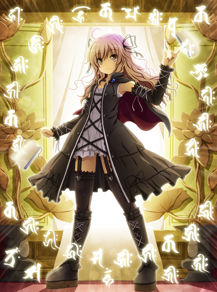 akashio (loli ace), hijiri byakuren, touhou, 1girl, black thighhighs, boots, cape, dress, female focus, gradient hair, long hair, multicolored hair, scroll, solo, thighhighs, yellow eyes