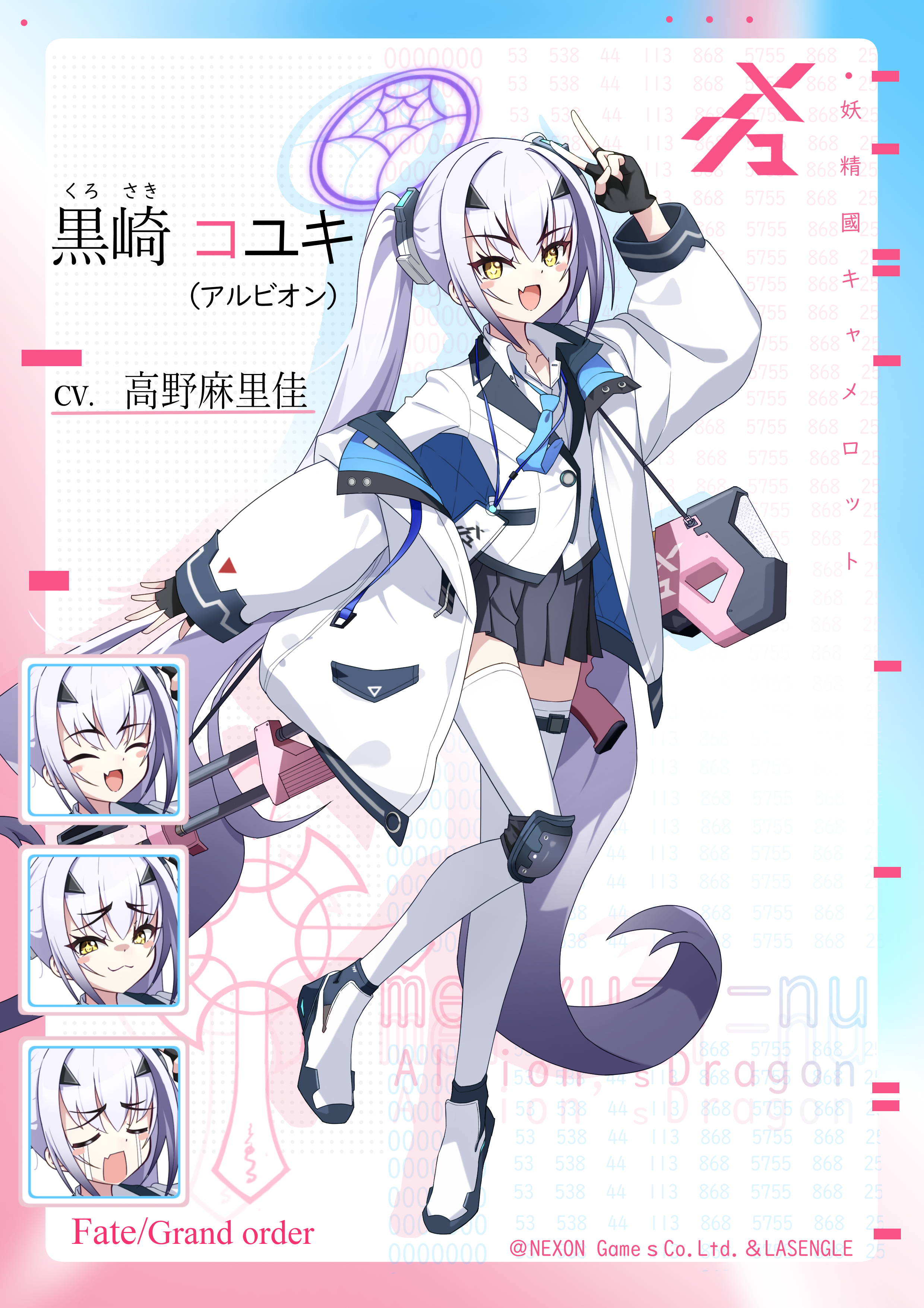 r3 type, koyuki (blue archive), melusine (fate), blue archive, fate/grand order, fate (series), absurdres, commentary request, highres, 1girl, alternate hairstyle, breasts, collared shirt, cosplay, crossover, crying, gun, koyuki (blue archive) (cosplay), long hair, long sleeves, looking at viewer, m60 (machine gun), machine gun, multiple expressions, necktie, open mouth, shirt, skirt, small breasts, twintails, weapon, white hair, white shirt