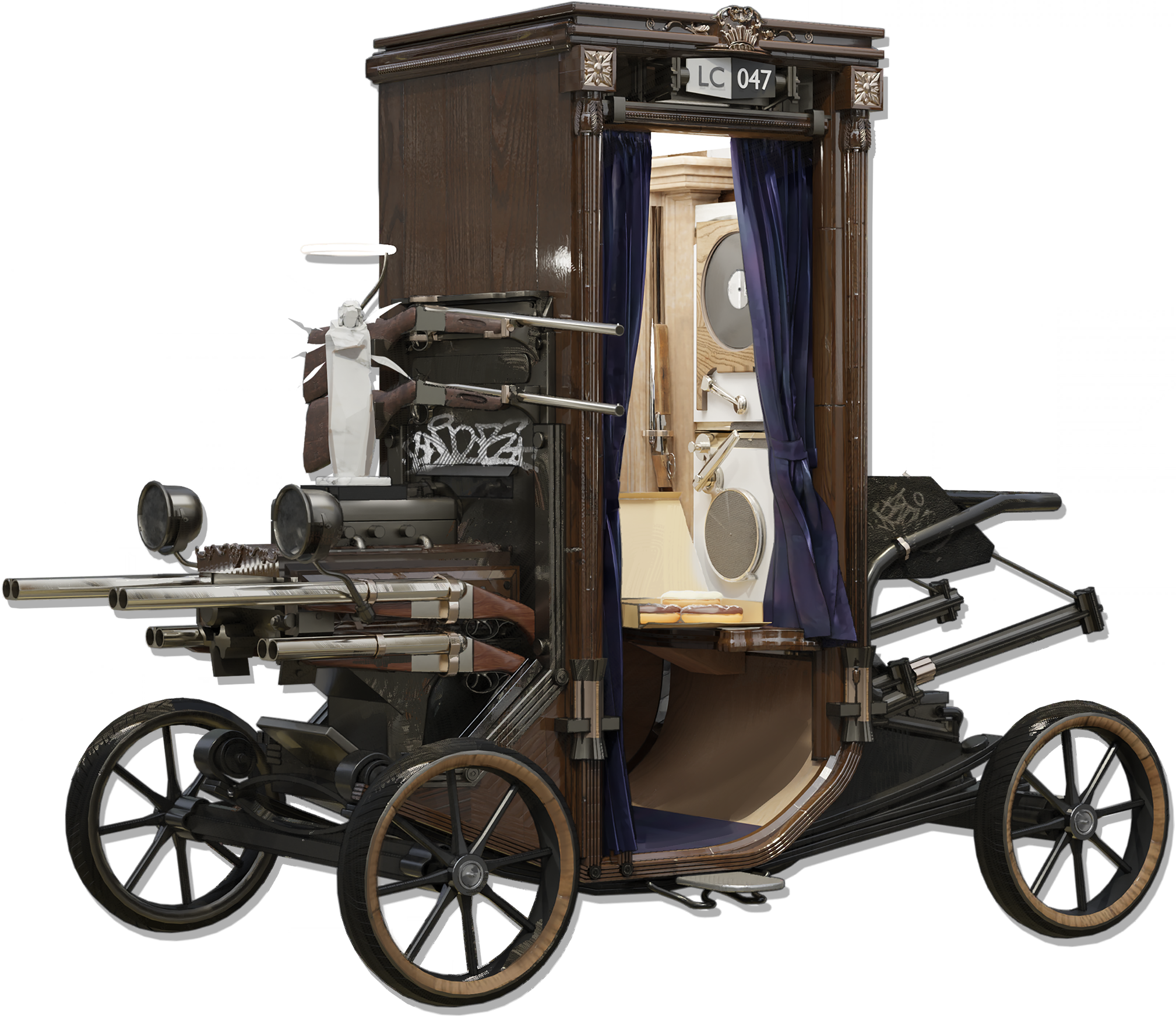 arknights, artist request, highres, official art, clock, confess-47 (arknights), curtains, halo, headlight beam, machine, no humans, still life, transparent background, wheel, wheelchair