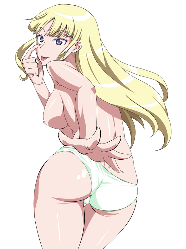 hinoki (hinoki-buro), emilie de rochefort, tekken, 1girl, :p, ass, back, blonde hair, bottomless, breasts, cameltoe, dimples of venus, female focus, from behind, large breasts, leaning forward, long hair, looking back, nipples, no bra, panties, purple eyes, solo, tongue, tongue out, topless female, underwear, white background, white panties