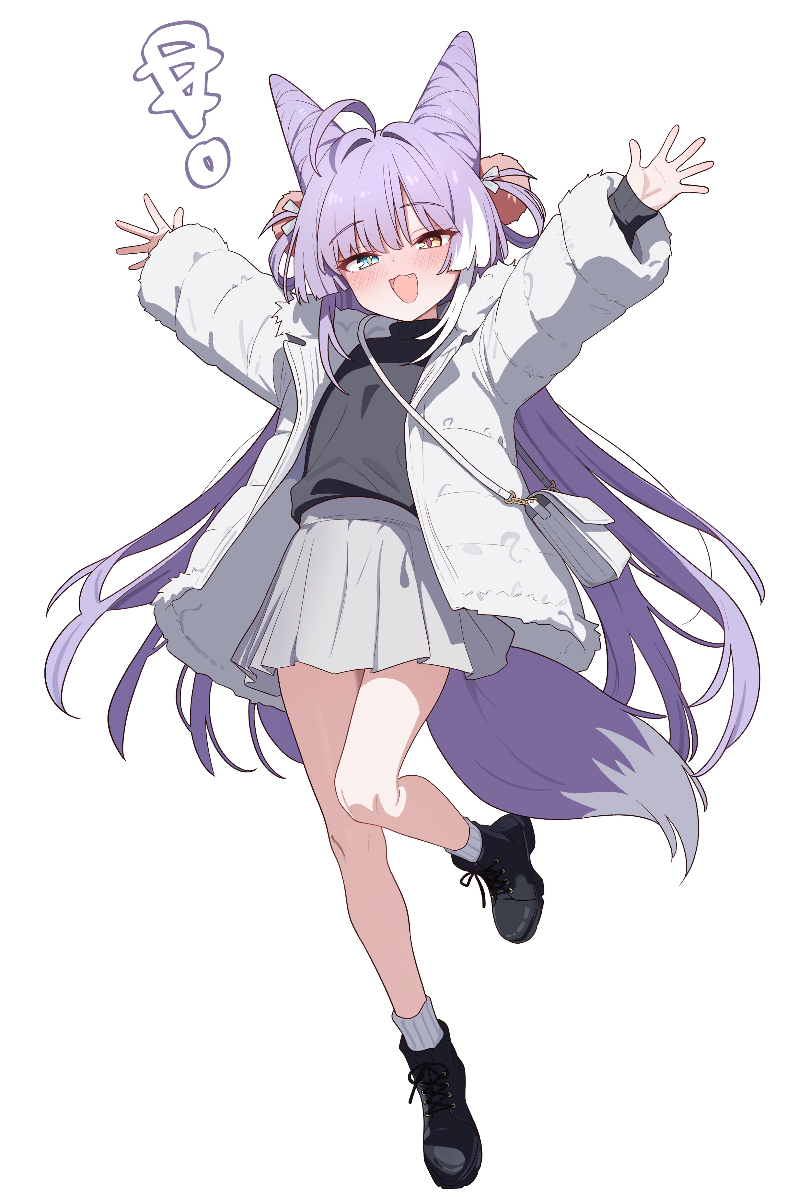 saho 4545, tenko shibuki, stellive, absurdres, commentary request, highres, korean commentary, 1girl, :d, black shoes, black sweater, blue eyes, coat, cone hair bun, double bun, fang, fox girl, fox tail, full body, fur-trimmed coat, fur-trimmed sleeves, fur trim, hair bun, heterochromia, long hair, long sleeves, looking at viewer, miniskirt, multicolored hair, open clothes, open coat, open mouth, outstretched arms, pleated skirt, purple hair, shoes, simple background, skirt, smile, socks, spread arms, streaked hair, sweater, tail, two-tone hair, very long hair, virtual youtuber, white background, white coat, white hair, white skirt, white socks, yellow eyes