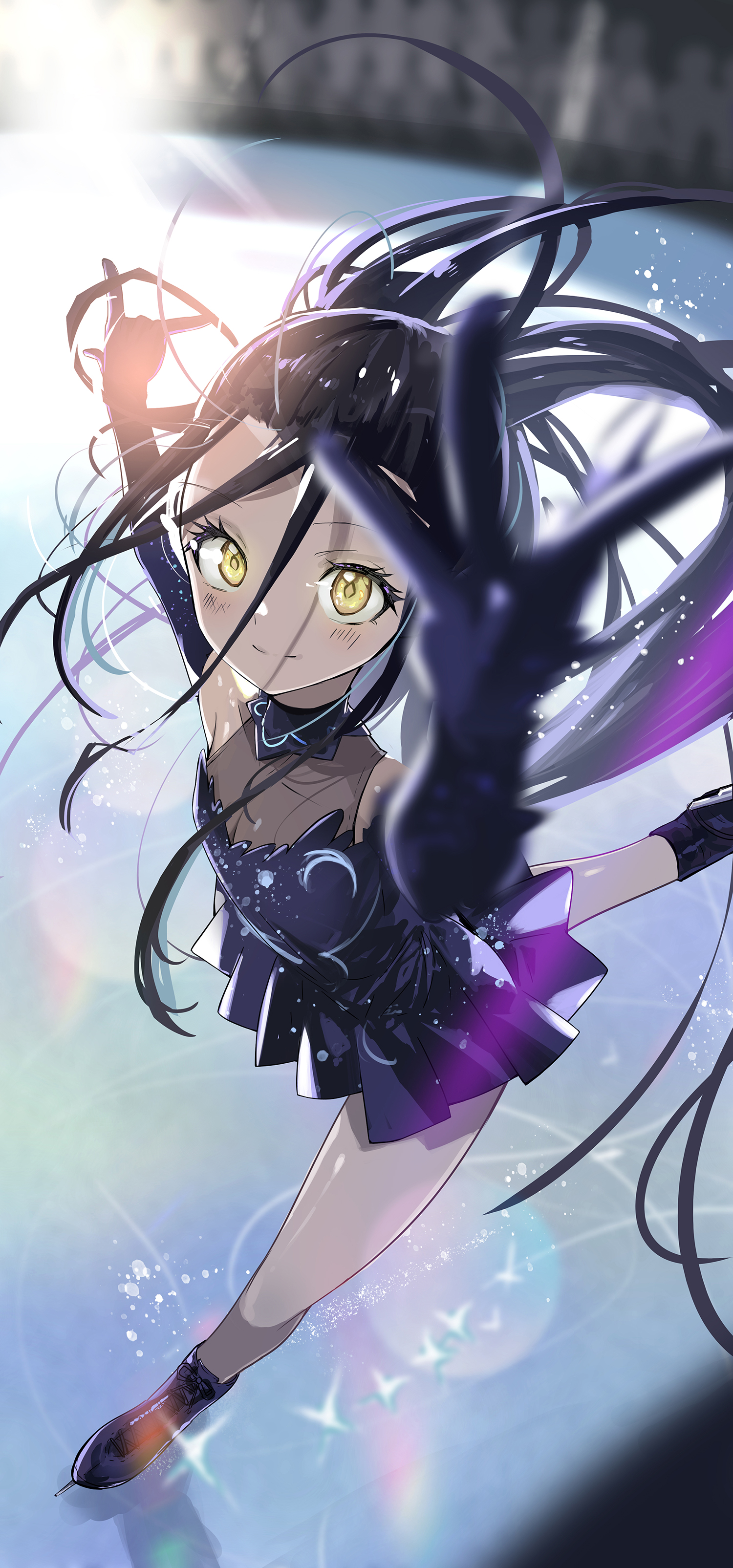 l.f., kamisaki hikaru, medalist (manga), absurdres, commentary request, highres, 1girl, arms up, black choker, black dress, black gloves, black hair, black shoes, blush, breasts, choker, dress, elbow gloves, figure skating, figure skating dress, gloves, high ponytail, ice, ice skates, long hair, looking at viewer, pantyhose, pleated skirt, ponytail, see-through clothes, see-through legwear, shoes, skates, skirt, small breasts, smile, solo, yellow eyes