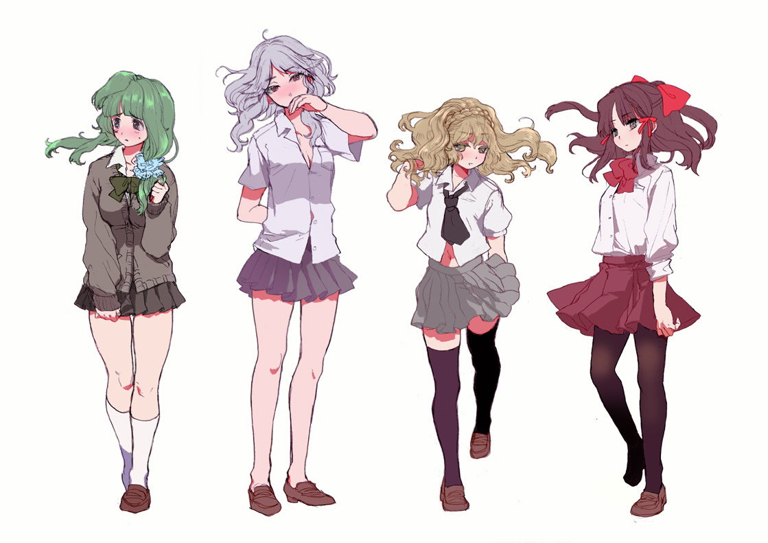 hana-kagume, hakurei reimu, izayoi sakuya, kirisame marisa, kochiya sanae, touhou, black legwear, silver hair, 4girls, alternate costume, blonde hair, blush, bow, braid, brown hair, contemporary, female focus, green hair, hair bow, multiple girls, navel, pantyhose, red eyes, school uniform, short hair, sleeves rolled up, thighhighs, yellow eyes