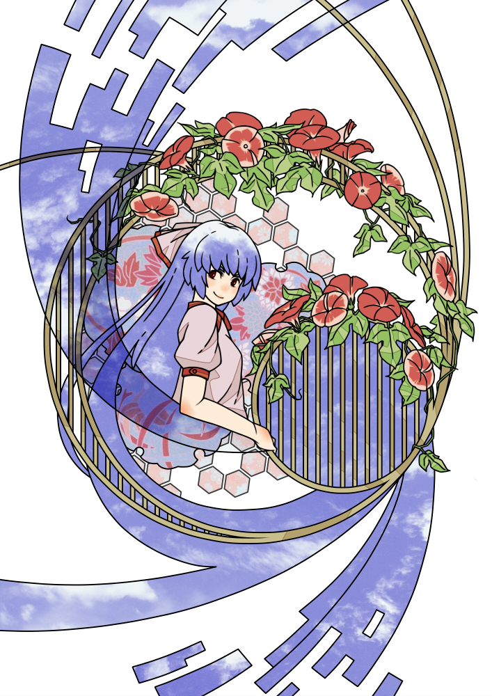 uewtsol, fujiwara no mokou, touhou, 1girl, art nouveau, female focus, flat color, flower, long hair, sky, solo
