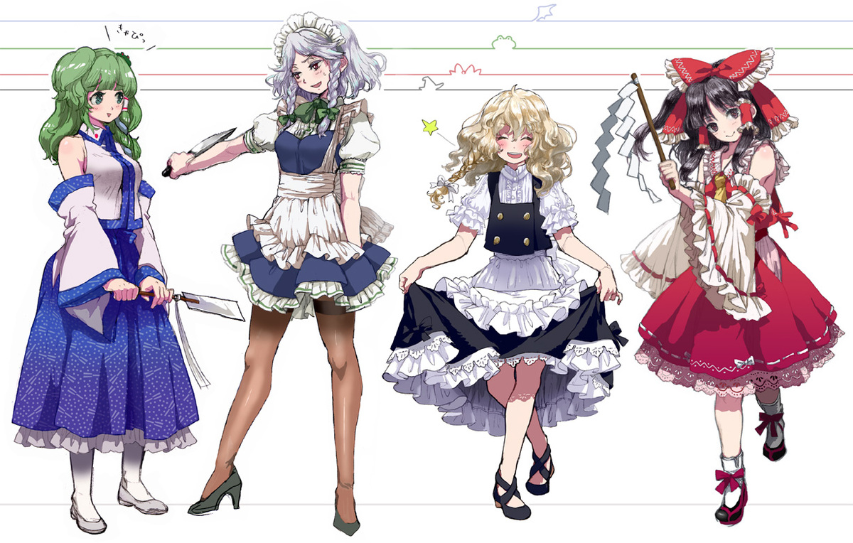 hana-kagume, hakurei reimu, izayoi sakuya, kirisame marisa, kochiya sanae, touhou, silver hair, 4girls, :>, apron, bare shoulders, black hair, blonde hair, blue eyes, bow, braid, closed eyes, crossed legs, curtsey, detached sleeves, embellished costume, female focus, flats, footwear bow, frog, gohei, green hair, hair bow, hair ornament, hair tubes, hat, height chart, high heels, japanese clothes, knife, lace, legs, lineup, maid, maid apron, maid headdress, miko, multiple girls, no headwear, no socks, pantyhose, shoes, short hair, skirt hold, smile, tabi, throwing knife, twin braids, waist apron, watson cross, weapon