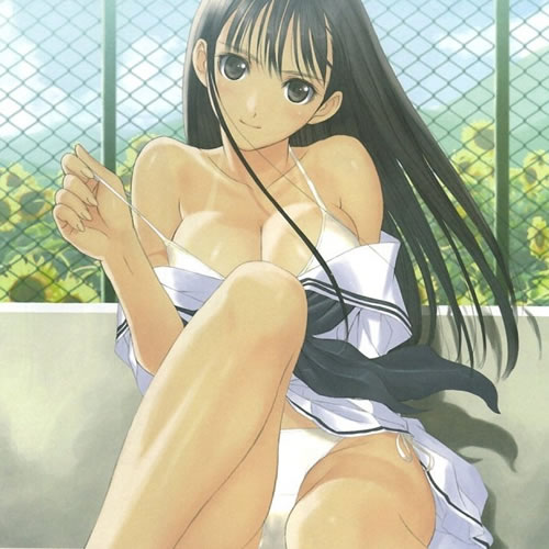 tony taka, mizushima asa, sora no iro mizu no iro, lowres, 00s, 1girl, black eyes, black hair, breasts, chain-link fence, female focus, fence, flower, large breasts, long hair, looking at viewer, one-piece tan, outdoors, panties, public indecency, side-tie panties, solo, sunflower, tan, tanline, underwear, undressing