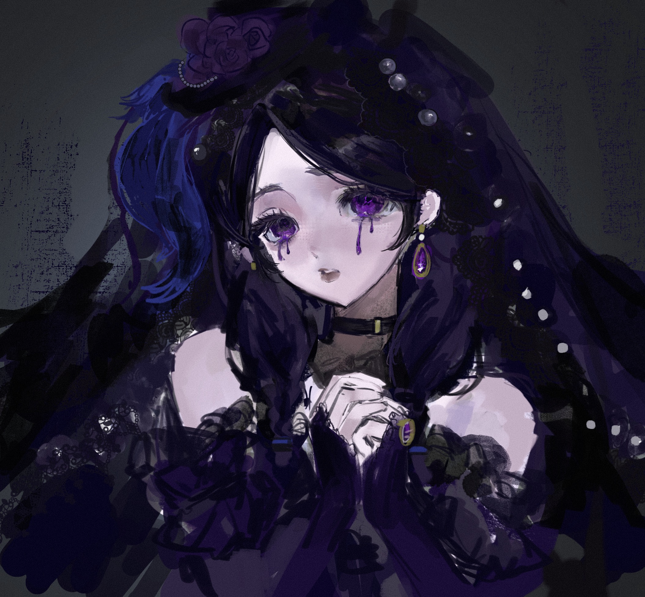 identity v, chinese commentary, commentary request, highres, 1girl, anne lester, bare shoulders, black choker, braid, bridal gauntlets, choker, dress, earrings, facial mark, flower, gloves, grey background, hair flower, hair ornament, hair over shoulder, jewelry, littleoowlet, long hair, looking at viewer, off-shoulder dress, off shoulder, own hands clasped, own hands together, parted lips, purple dress, purple eyes, purple gloves, purple hair, purple theme, purple veil, solo, twin braids, upper body, veil