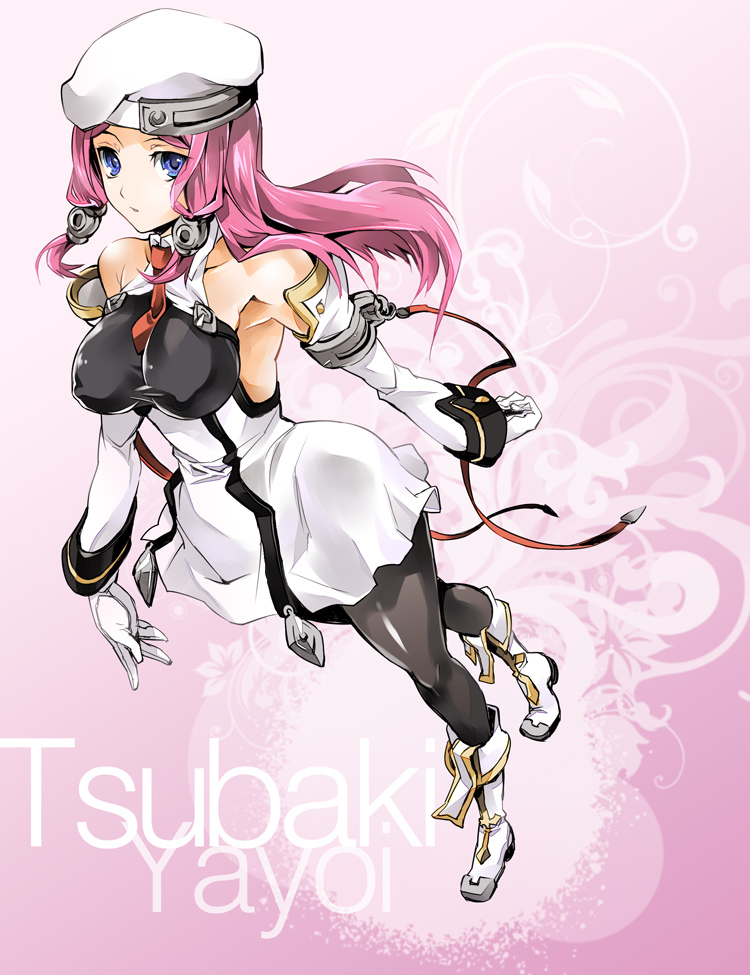 sume, sumeshi (ambivalince), noel vermillion, tsubaki yayoi, arc system works, blazblue, blazblue: continuum shift, bad id, bad pixiv id, 1girl, beret, blue eyes, character name, cosplay, female focus, framed breasts, hat, noel vermillion (cosplay), pantyhose, pink hair, solo