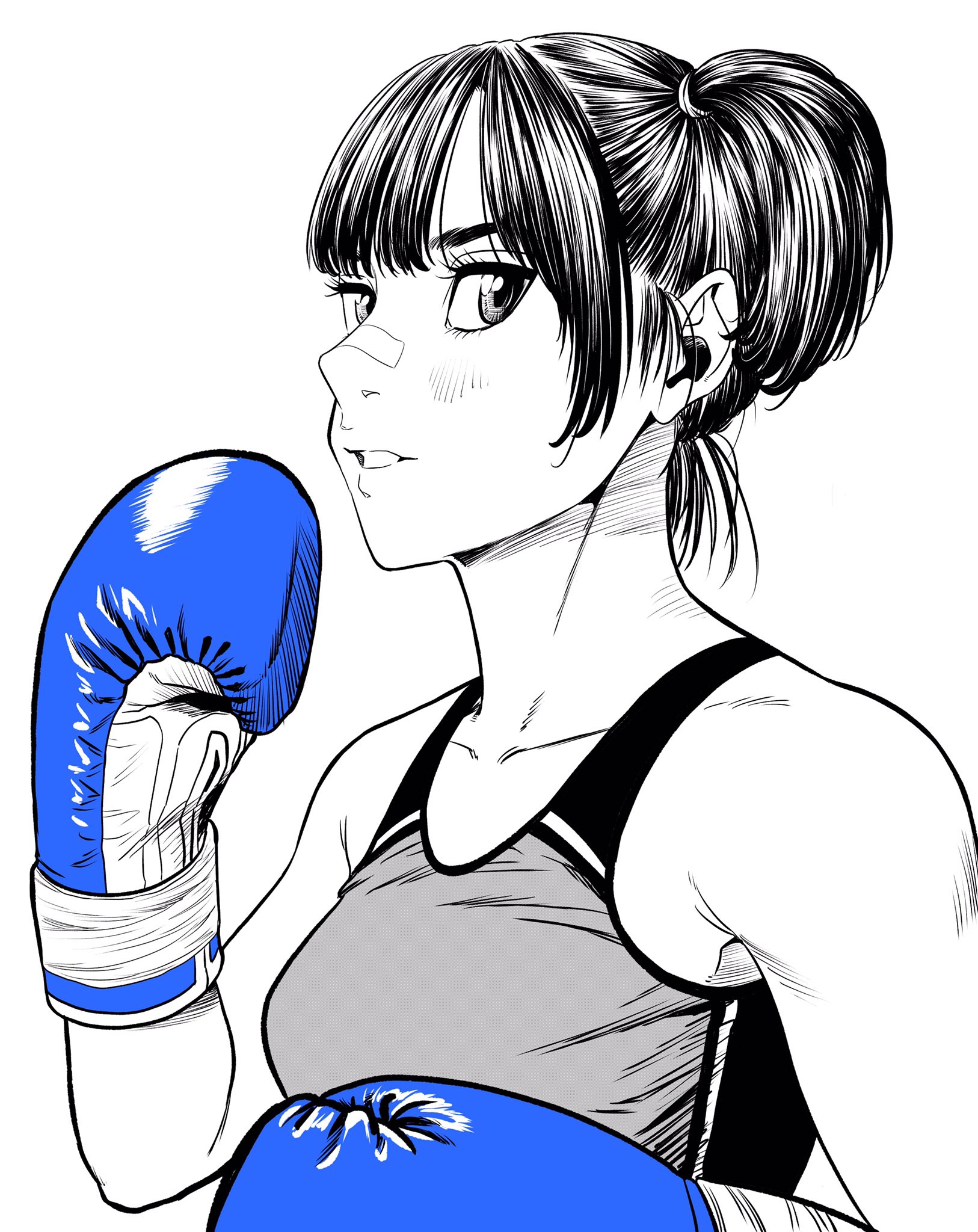 lee (dragon garou), original, commentary request, highres, 1girl, bandaid, bandaid on face, bandaid on nose, blue gloves, boxing gloves, breasts, gloves, greyscale, hatching (texture), medium breasts, monochrome, profile, side ponytail, smile, solo, sports bra, spot color, upper body