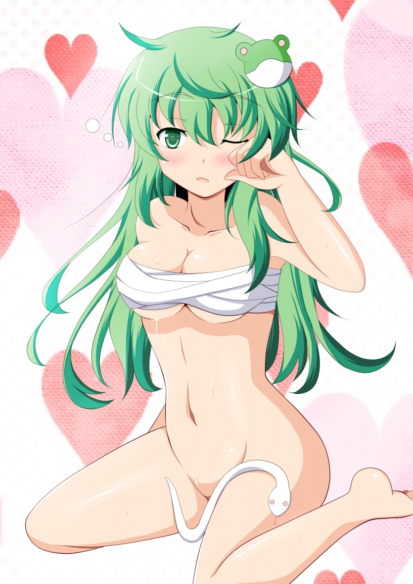 rin (ateria), kochiya sanae, touhou, bad id, bad pixiv id, 1girl, barefoot, breasts, censored, chest sarashi, convenient censoring, female focus, frog, green eyes, green hair, hair ornament, long hair, matching hair/eyes, messy hair, navel, rubbing eyes, sarashi, sleepy, snake, solo, wince