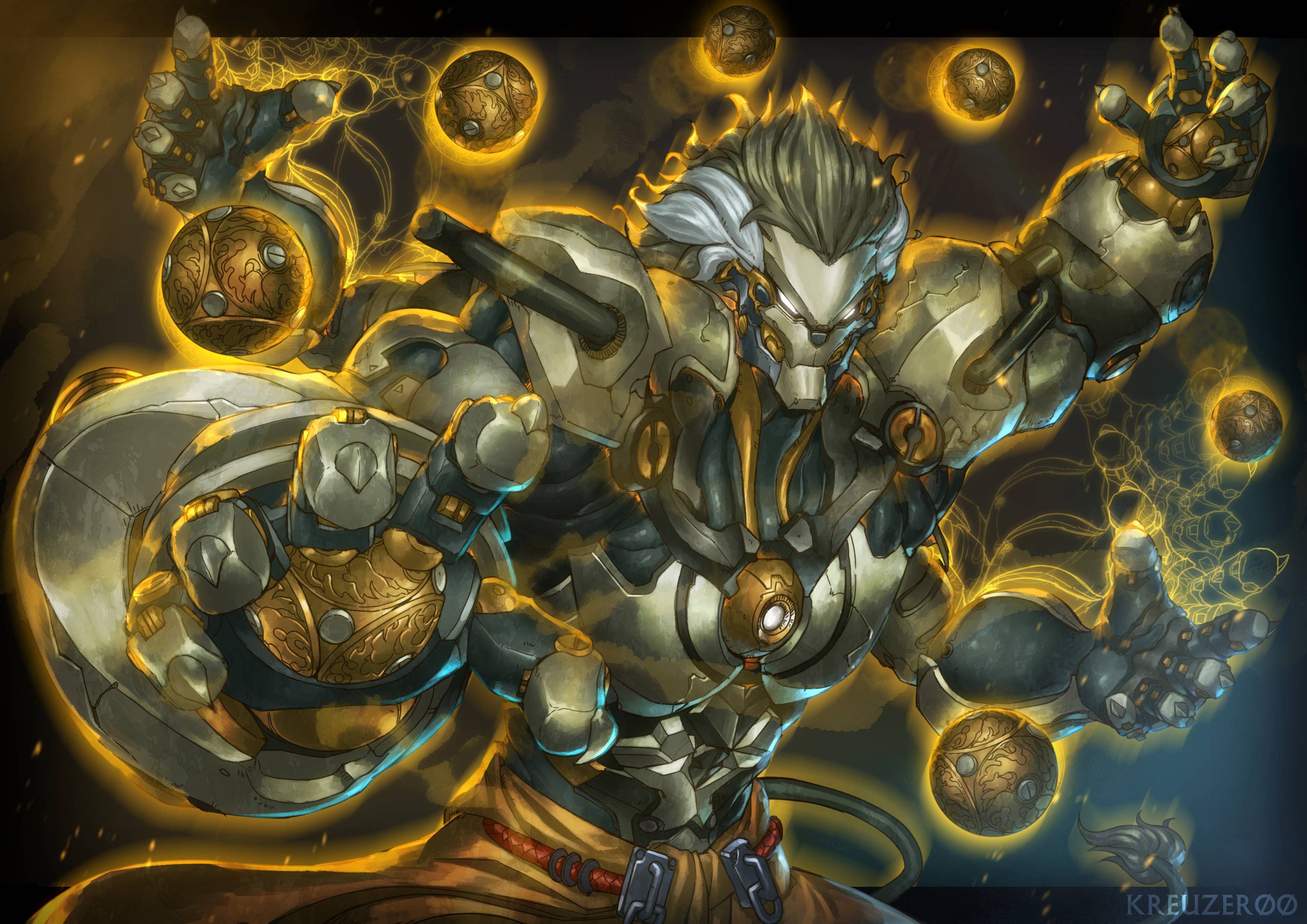 kreuzer 00, banyue (zenless zone zero), zenless zone zero, absurdres, commentary, english commentary, highres, 1boy, afterimage, arms up, artist name, clothed robot, clothes around waist, extra arms, floating ball, glowing, glowing eyes, grey hair, humanoid robot, male focus, mechanical tail, orb, robot, robot boy, solo, tail, upper body