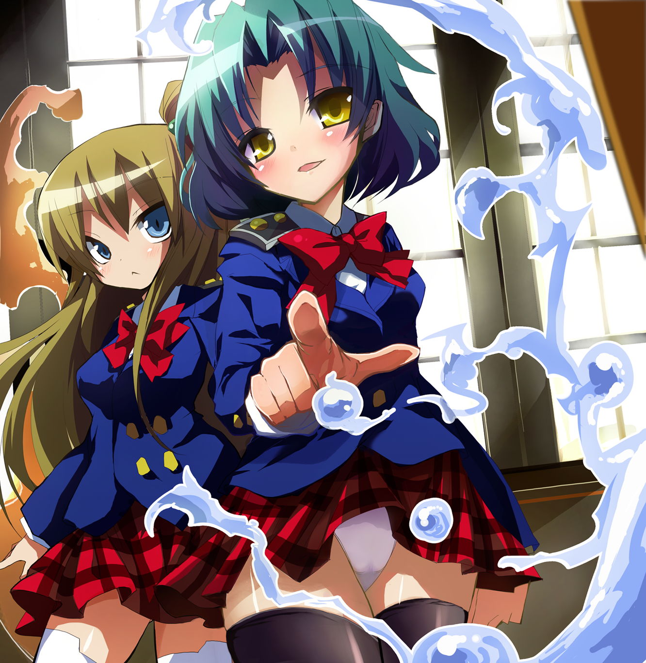 cauliflower (hosiyarou), misaki (needless), nanami (needless), needless, bad id, bad pixiv id, highres, 2girls, :<, black thighhighs, blazer, blue eyes, blush, bow, bowtie, brown hair, green hair, hair bobbles, hair ornament, jacket, long hair, miniskirt, multiple girls, panties, pantyshot, plaid clothes, plaid skirt, pleated skirt, school uniform, short hair, side ponytail, skirt, standing, thighhighs, underwear, white panties, white thighhighs, yellow eyes