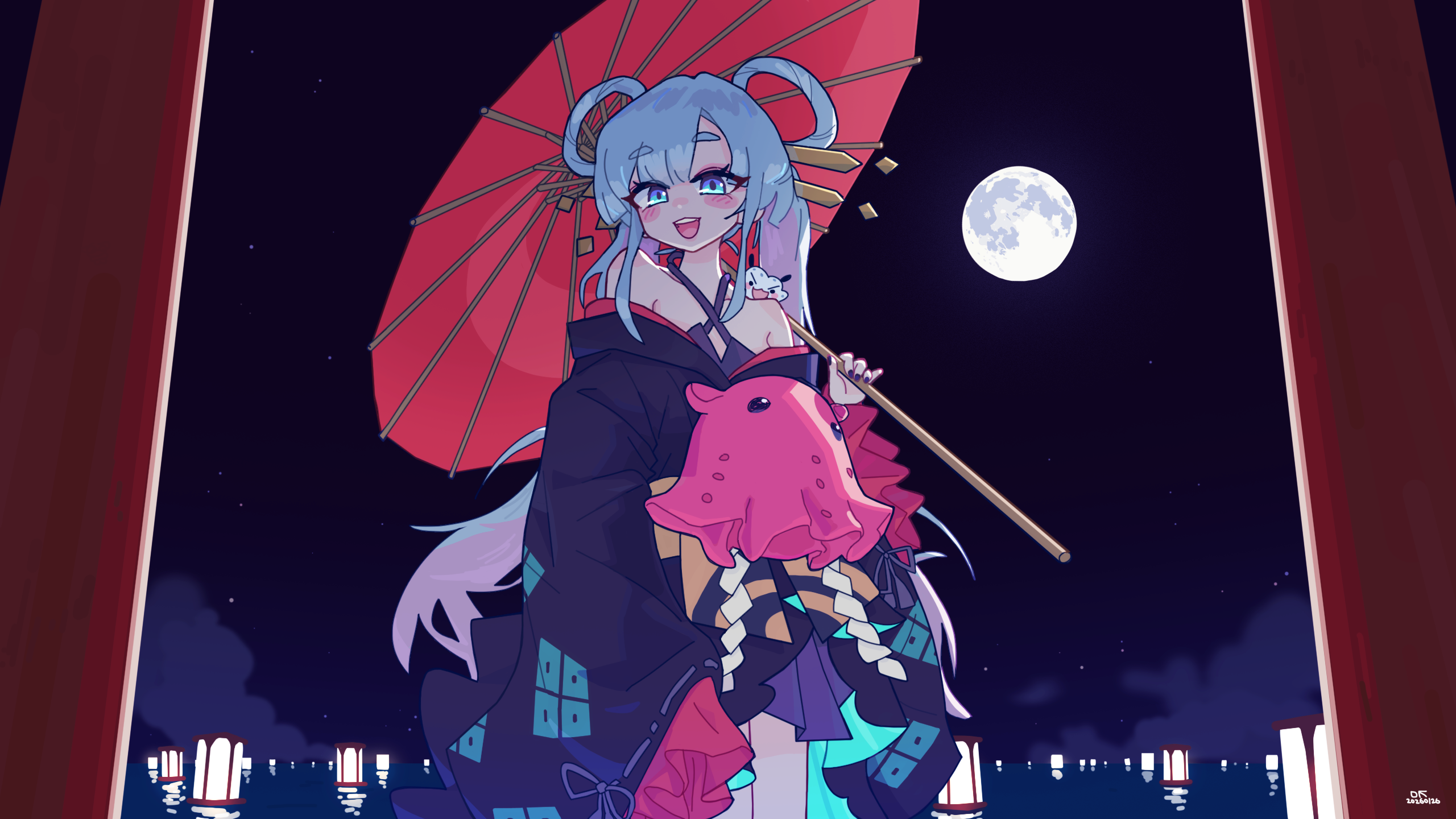 runami yachiyo, commentary request, highres, korean commentary, 1girl, bare shoulders, black kimono, blue eyes, cho kaguya-hime!, feet out of frame, fushi (cho kaguya-hime!), hair ornament, hair rings, hair stick, holding, holding umbrella, japanese clothes, kimono, lantern, long hair, long sleeves, looking at viewer, moon, multicolored hair, mz7833, night, octopus, oil-paper umbrella, open mouth, outdoors, red umbrella, sky, smile, solo, standing, star (sky), starry sky, torii, twintails, umbrella, white hair