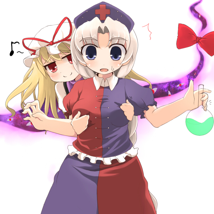 meneru, yagokoro eirin, yakumo yukari, touhou, silver hair, 2girls, ^^^, blonde hair, blue eyes, bottle, braid, breasts, female focus, gap (touhou), grabbing another's breast, groping, hat, long hair, multiple girls, red eyes, smile, surprised, surprised arms, you gonna get raped