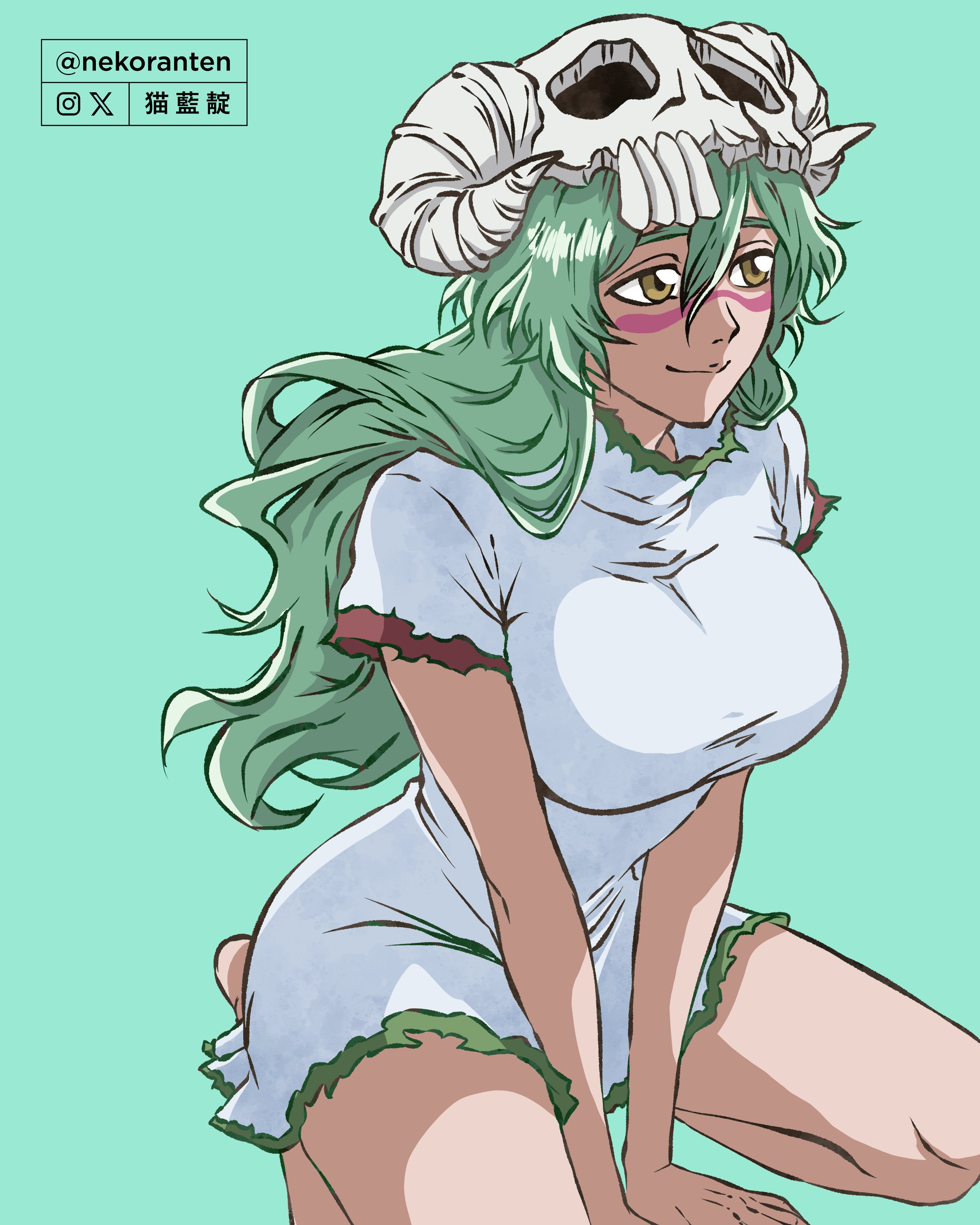 nekoranten, nelliel tu odelschwanck, bleach, absurdres, commentary, highres, 1girl, barefoot, between legs, breasts, brown eyes, dress, facial mark, green hair, hair between eyes, hand between legs, large breasts, long hair, profile, short dress, sitting, skull on head, smile, solo, twitter username, wariza, watermark, white dress