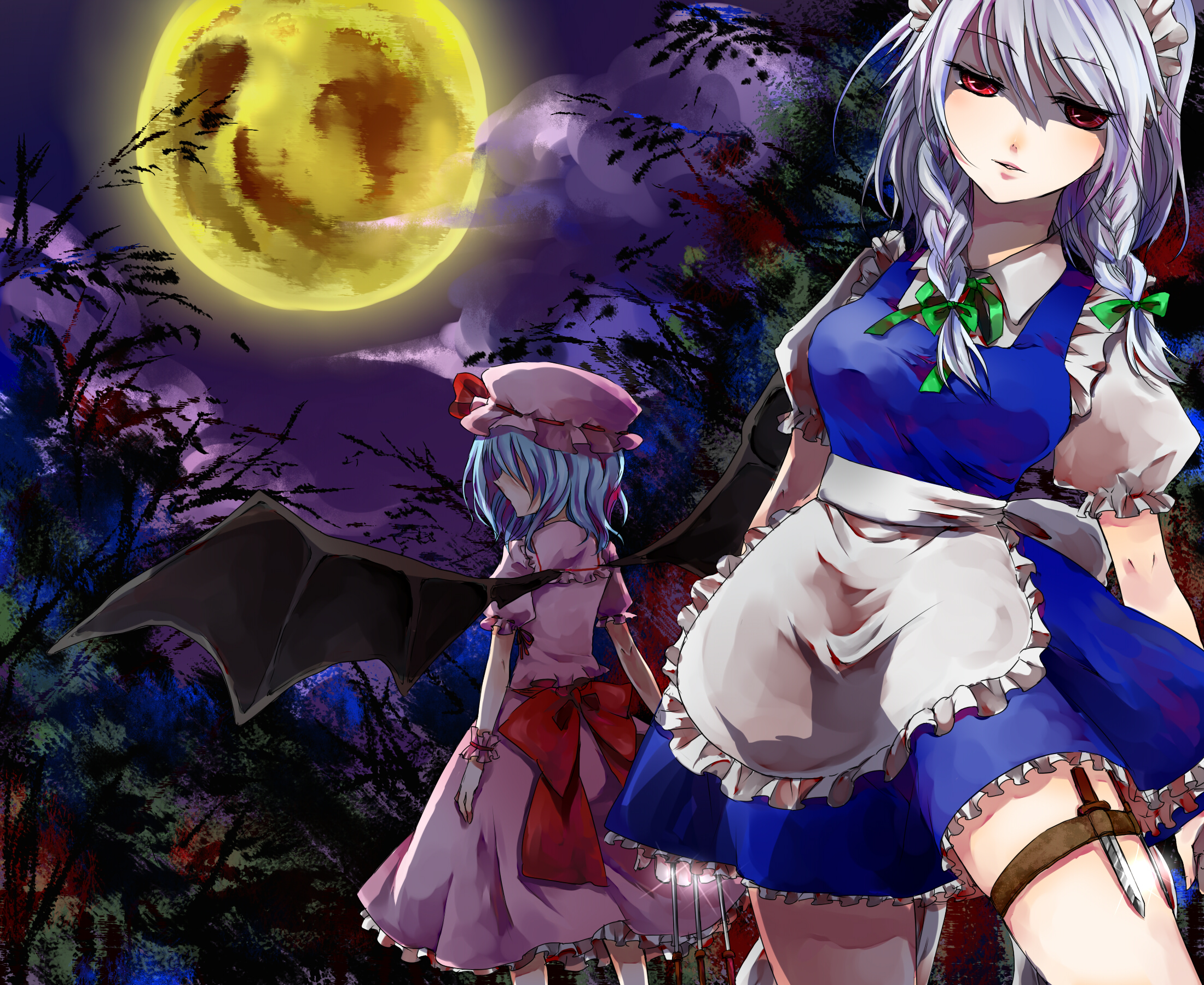 shinoda, izayoi sakuya, remilia scarlet, embodiment of scarlet devil, touhou, silver hair, highres, 2girls, apron, bat wings, blue hair, bow, breasts, dress, female focus, full moon, hair ribbon, hat, knife, maid, maid apron, moon, multiple girls, red eyes, ribbon, thigh strap, throwing knife, tree, weapon, wings