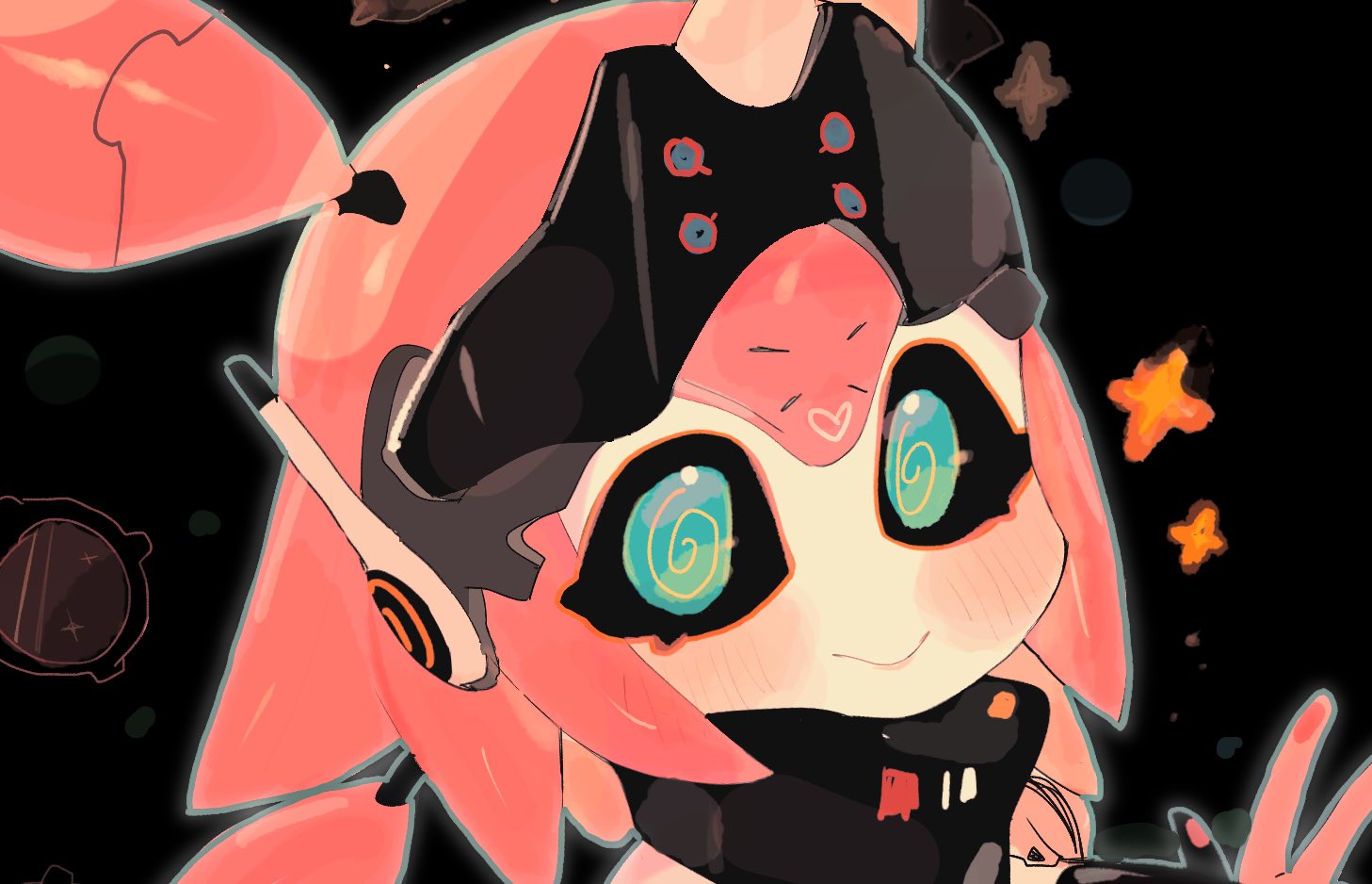 usa37107692, aria (zenless zone zero), zenless zone zero, commentary, english commentary, 1girl, @ @, black background, black sclera, blush, closed mouth, colored sclera, green eyes, hand up, humanoid robot, mechanical ears, portrait, robot, robot girl, smile, solo, sparkle