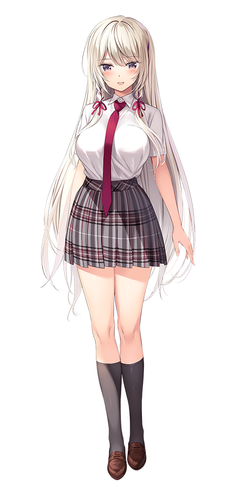 oryo (oryo04), kurusu sakuya, amaemi-longing for you-, large variant set, official art, variant set, 1girl, arms at sides, black socks, blush, braid, braided sidelocks, breasts, brown shoes, collared shirt, full body, grey hair, grey skirt, hair ribbon, kneehighs, large breasts, loafers, long hair, long sidelocks, looking at viewer, necktie, open mouth, plaid clothes, plaid skirt, pleated skirt, purple eyes, red necktie, red ribbon, ribbon, school uniform, shirt, shoes, short sleeves, sidelocks, simple background, skirt, socks, solo, standing, tachi-e, very long hair, white background, white shirt, wing collar
