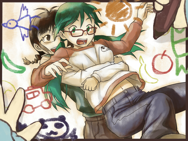 inu (aerodog), akizuki ritsuko, kawashiro-sensei, wakabayashi naomi, hanamaru youchien, idolmaster, resized, crossover, glasses, hug, pixiv thumbnail, voice actor connection