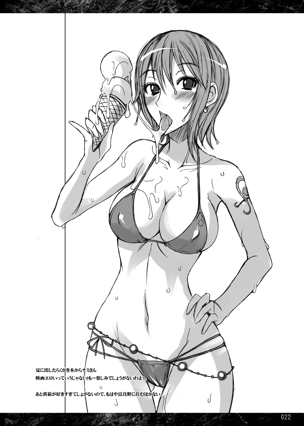 isao, nami (one piece), one piece, highres, translation request, 1girl, bikini, breasts, cleavage, female focus, food, greyscale, groin, hand on own hip, hip focus, ice cream, large breasts, licking, monochrome, sexually suggestive, short hair, solo, suggestive fluid, swimsuit, tattoo