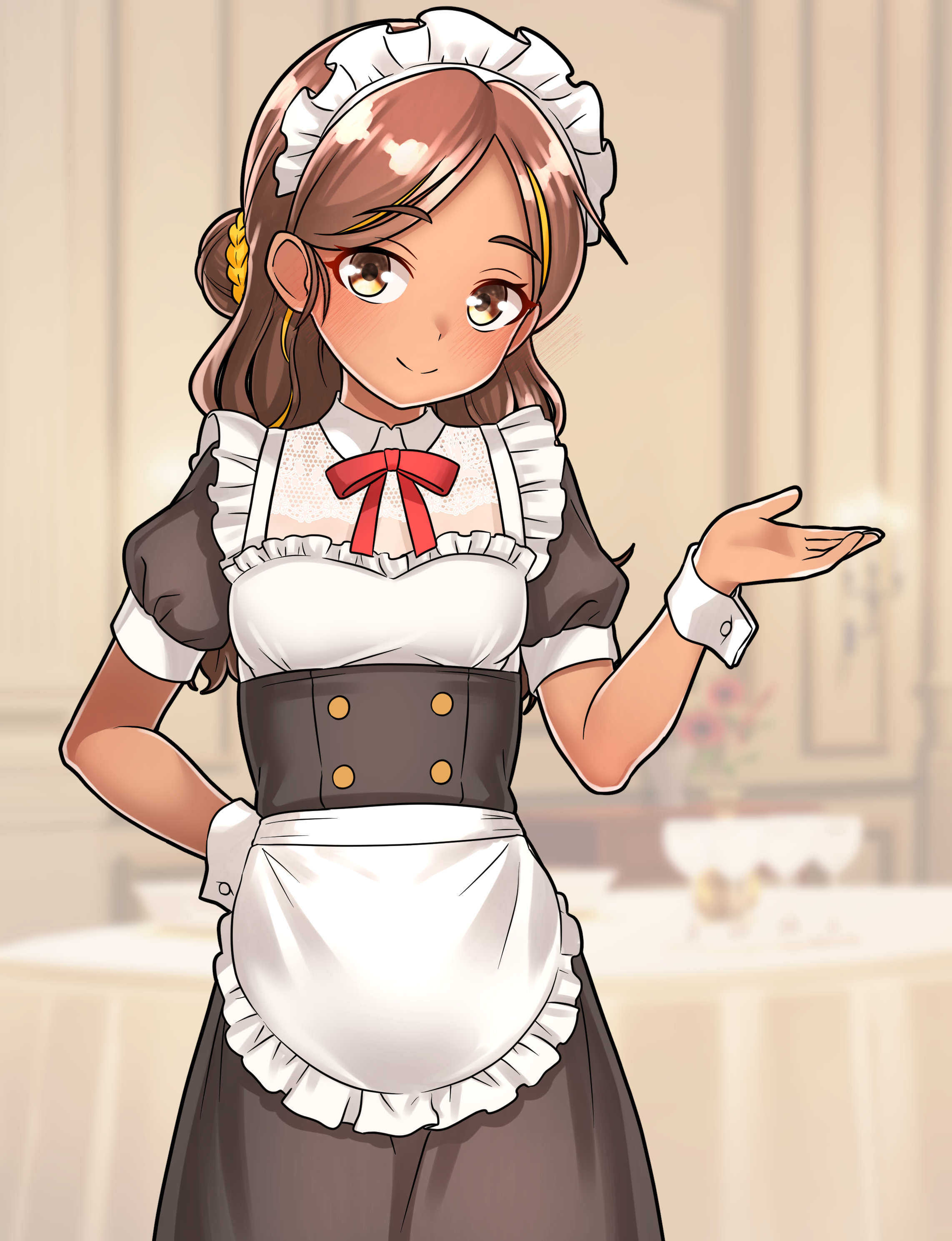 furaggu (frag 0416), thonburi (kancolle), kantai collection, absurdres, commentary request, highres, variant set, 1girl, apron, black dress, brown hair, closed mouth, dark-skinned female, dark skin, dress, hand on own hip, long hair, looking at viewer, maid, maid headdress, neck ribbon, puffy short sleeves, puffy sleeves, red ribbon, ribbon, short sleeves, smile, solo, standing, thighs, waist apron, white wrist cuffs, wrist cuffs