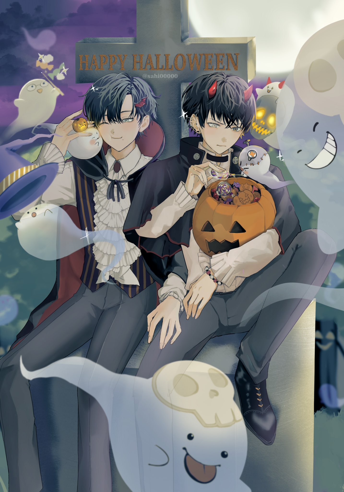 sahi00000, original, commentary, commentary request, english commentary, highres, mixed-language commentary, 2boys, black cape, black eyes, black hair, black shoes, bucket, cape, closed mouth, ear piercing, ghost, grey pants, hair between eyes, halloween, halloween bucket, happy halloween, holding, holding bucket, long sleeves, male focus, multiple boys, pants, piercing, shirt, shoes, short hair, sitting, sitting on tombstone, smile, tombstone, vampire costume, white shirt