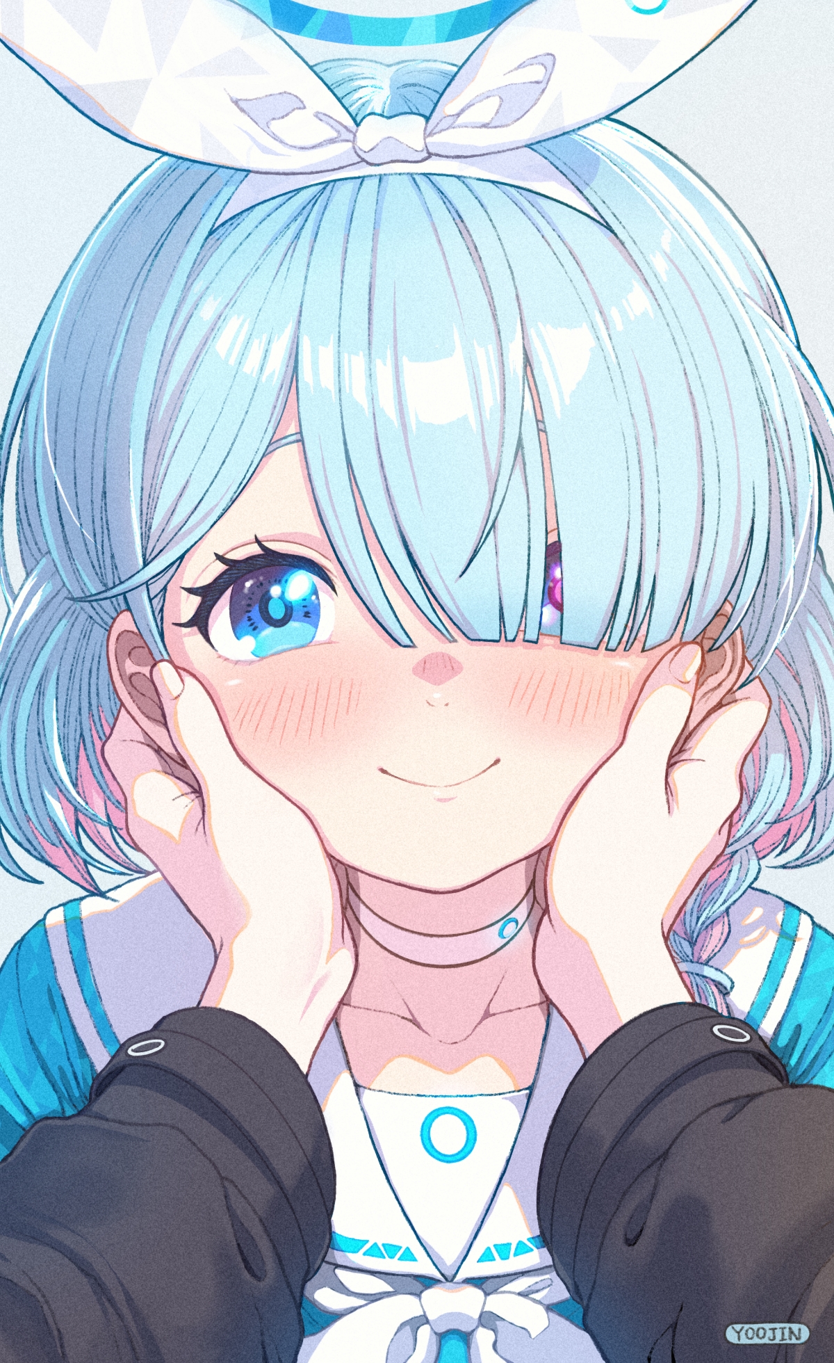 arona (blue archive), blue archive, commentary request, highres, 1girl, 1other, artist name, blue eyes, blue hair, blue halo, blue shirt, braid, choker, closed mouth, colored inner hair, hair over one eye, hairband, halo, hands on another's cheeks, hands on another's face, light blush, looking at viewer, multicolored hair, pink hair, sailor collar, shirt, short hair, smile, solo focus, streaked hair, white choker, white hairband, white sailor collar, yoojin kang