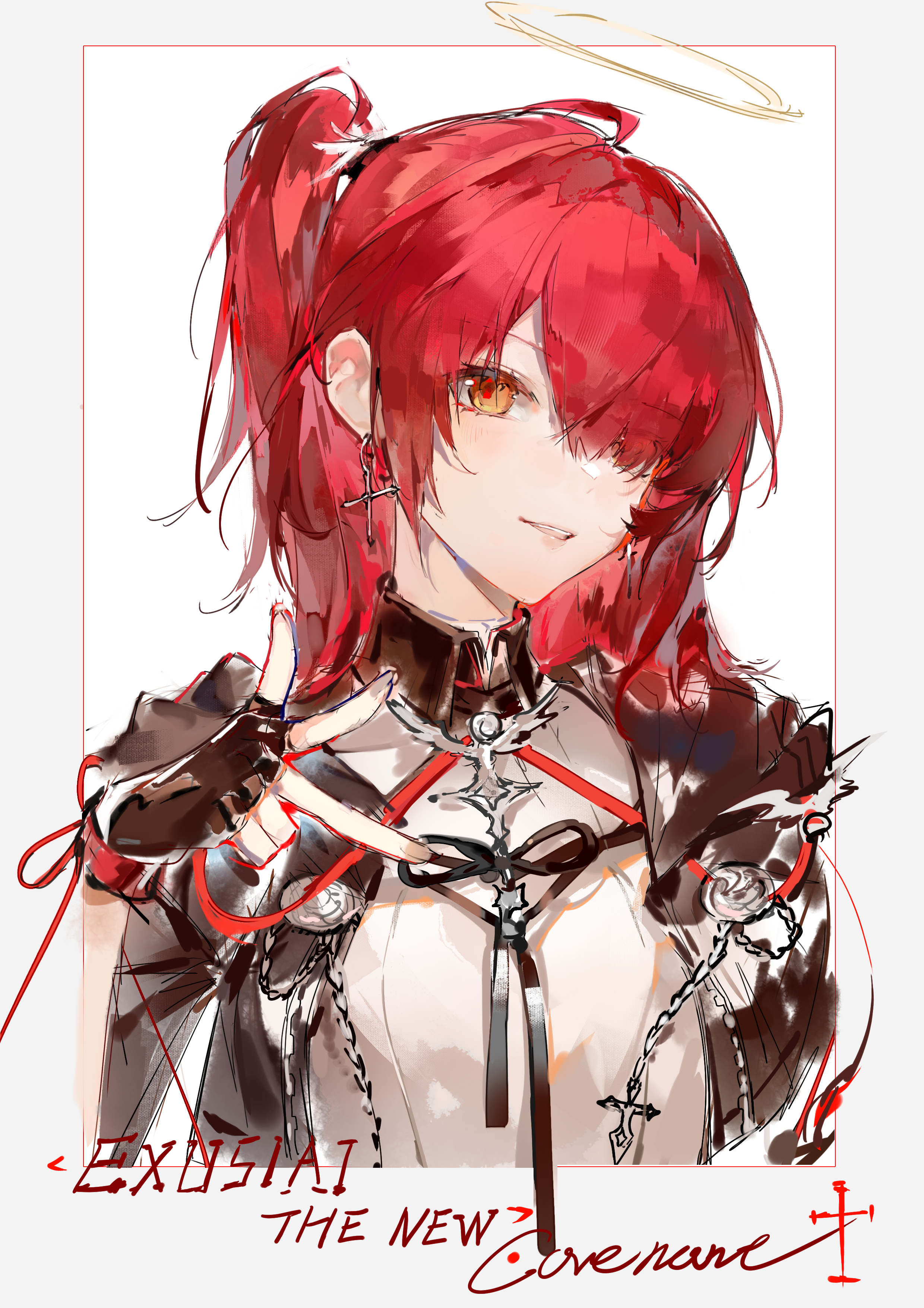 zhanzhan lan, exusiai (arknights), exusiai the new covenant (arknights), arknights, absurdres, chinese commentary, commentary request, highres, 1girl, ahoge, black gloves, breasts, character name, dress, earrings, fingerless gloves, gloves, hair over one eye, halo, jewelry, looking at viewer, medium breasts, medium hair, neck ribbon, one side up, parted lips, portrait, red eyes, red hair, ribbon, solo, w, white background, white dress