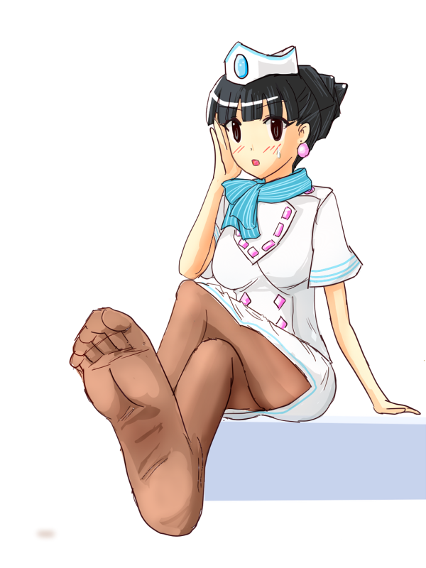 rhoda teneiro, ace attorney, ace attorney investigations, bad id, bad pixiv id, bad feet, blush, feet, flight attendant, kneehighs, pantyhose, scarf, socks, solo, sweat, travel attendant