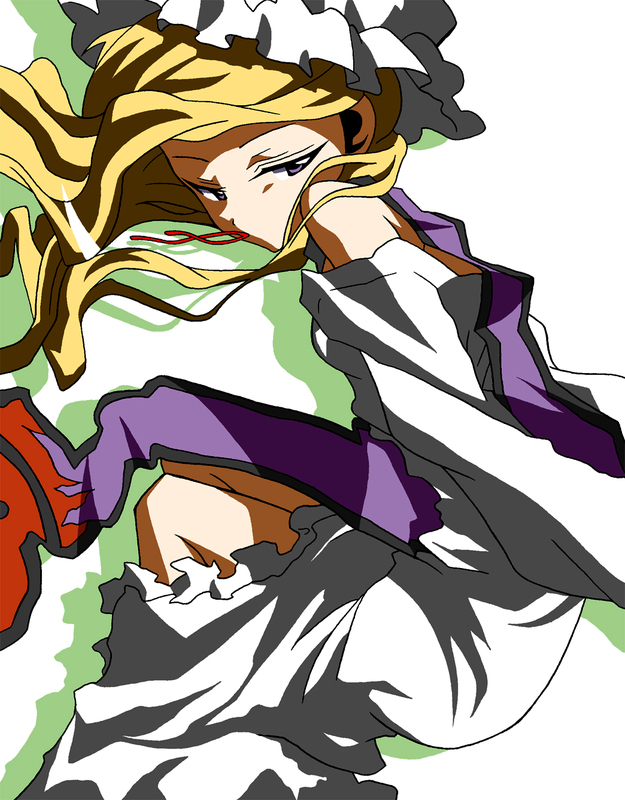 madare-rin, madarerin, yakumo yukari, needless, touhou, 1girl, blonde hair, dress, female focus, hat, long hair, lying, mouth hold, on side, parody, purple eyes, ribbon, solo, undressing