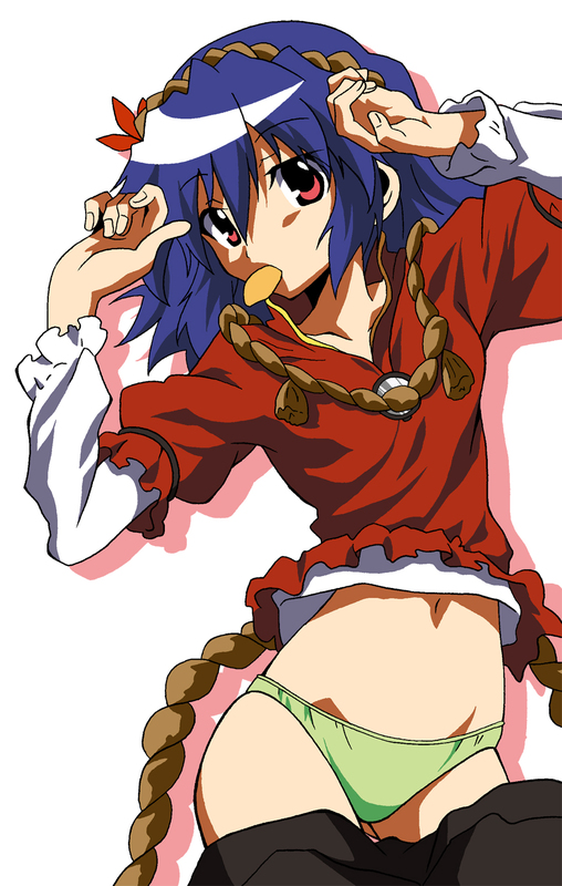 madare-rin, madarerin, yasaka kanako, needless, touhou, 1girl, blouse, blue hair, clothes pull, female focus, green panties, long sleeves, lying, mirror, mouth hold, navel, on back, panties, parody, red eyes, shirt, short hair, skirt, skirt pull, solo, underwear