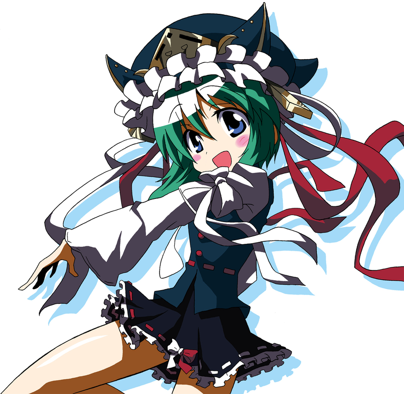 madare-rin, madarerin, shiki eiki, needless, touhou, 1girl, blouse, blue eyes, blush stickers, female focus, frills, green hair, hat, long sleeves, miniskirt, name connection, parody, ribbon, shirt, short hair, skirt, solo, standing, vest