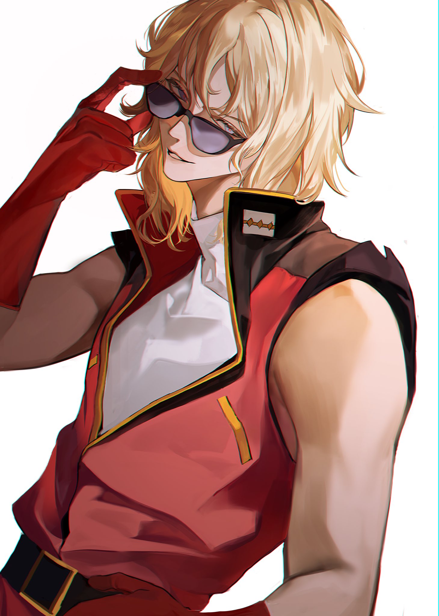 char aznable, quattro bajeena, gundam, zeta gundam, commentary request, commission, highres, korean commentary, 1boy, adjusting eyewear, arm at side, belt, belt buckle, black belt, blonde hair, blue eyes, buckle, chromatic aberration, colored eyelashes, elbow gloves, gloves, hand up, jacket, looking at viewer, male focus, parted lips, pk (hobbak2330), red gloves, red jacket, red pupils, shirt, simple background, sleeveless, sleeveless jacket, sleeveless shirt, smile, solo, sunglasses, toned, toned male, white background, white shirt