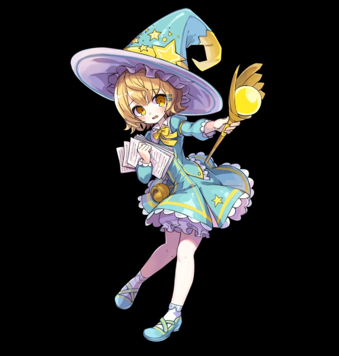 merc storia art team, merc storia, highres, official art, 1girl, aqua dress, aqua hat, aqua shoes, black background, blonde hair, blush, bow, bowtie, dress, eleve (merc storia), flat chest, full body, hat, holding, holding paper, holding rod, juliet sleeves, large hat, long sleeves, mary janes, open mouth, outstretched arm, pantyhose, paper, puffy sleeves, rod, shoes, short dress, short hair, simple background, solo, standing, star (symbol), tachi-e, wavy mouth, white pantyhose, witch, witch hat, yellow bow, yellow bowtie, yellow eyes
