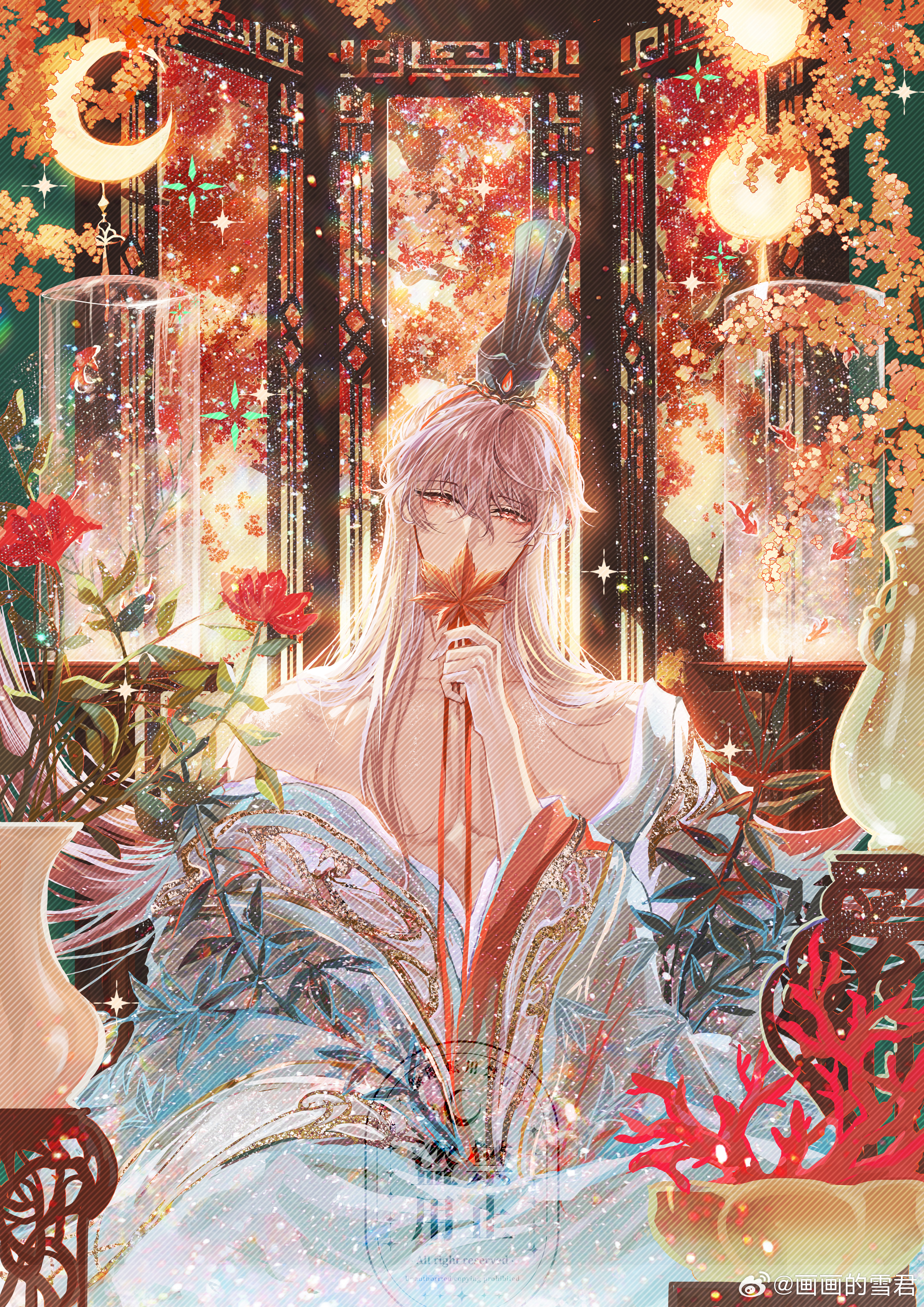 snow234, code: kite, absurdres, highres, 1boy, aqua hanfu, aqua robe, architecture, autumn leaves, bamboo print, brown eyes, brown hair, chinese clothes, chinstrap, coral, covered mouth, cowboy shot, crescent, east asian architecture, eyeshadow, fish tank, floating hair, flower, hair between eyes, half-closed eyes, hand up, hanfu, head tilt, holding, holding leaf, indian style, indoors, lantern, lattice, leaf, light particles, long hair, long sleeves, looking at viewer, makeup, male focus, maple leaf, mole, mole under eye, off shoulder, orange flower, pectoral cleavage, pectorals, red eyeshadow, red flower, red ribbon, ribbon, robe, sitting, solo, straight-on, toned, toned male, tree, vase, very long hair, watermark, weibo watermark, wide sleeves, window, xiao guan (headdress), yuan ji (code: kite)