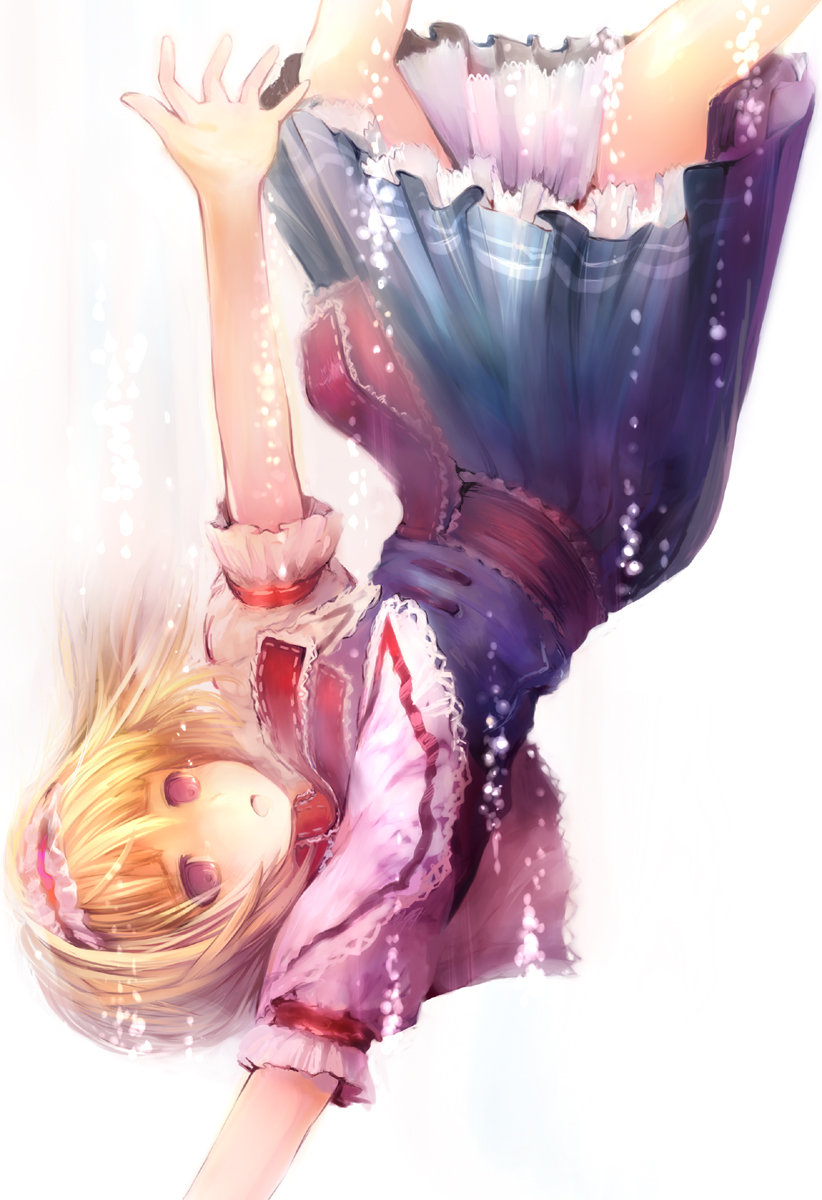 kasutaso, alice margatroid, touhou, highres, 1girl, blonde hair, capelet, expressionless, falling, female focus, hairband, open mouth, outstretched arms, outstretched hand, petticoat, purple eyes, reaching, short hair, solo, upside-down
