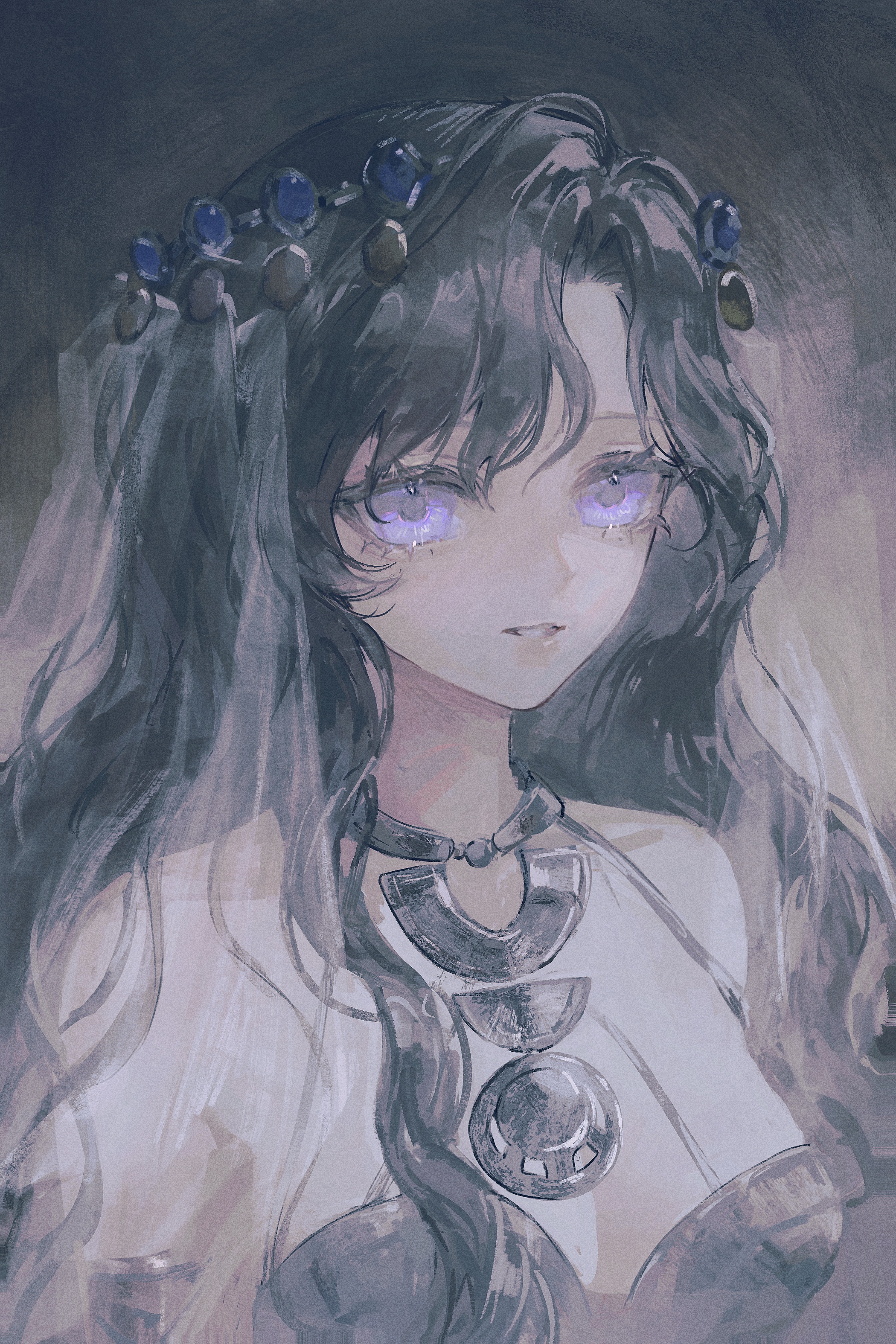 fuyuyu-pon, isolde (reverse:1999), reverse:1999, absurdres, commentary, english commentary, highres, 1girl, bare shoulders, black hair, breasts, grey background, grin, long hair, looking at viewer, medium breasts, metal bikini, portrait, purple eyes, see-through clothes, see-through veil, smile, solo, veil