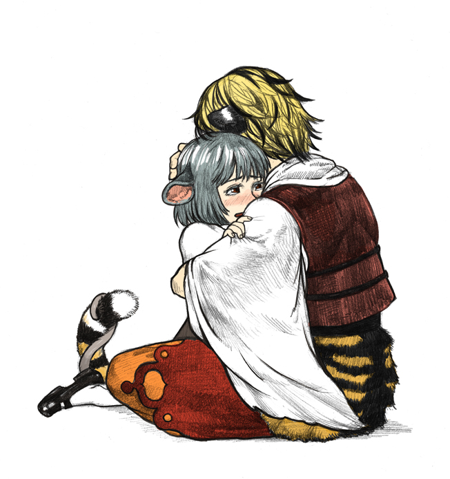 kobushi, yodoro kagyu, nazrin, toramaru shou, touhou, bad id, bad pixiv id, colored pencil (medium), traditional media, 2girls, animal ears, blonde hair, blush, female focus, grey hair, hand on another's head, holding, hug, kemonomimi mode, mary janes, mouse ears, mouse tail, multicolored hair, multiple girls, red eyes, shoes, short hair, simple background, sitting, tail, tail wrap, tears, tiger ears, tiger tail, white background, yuri