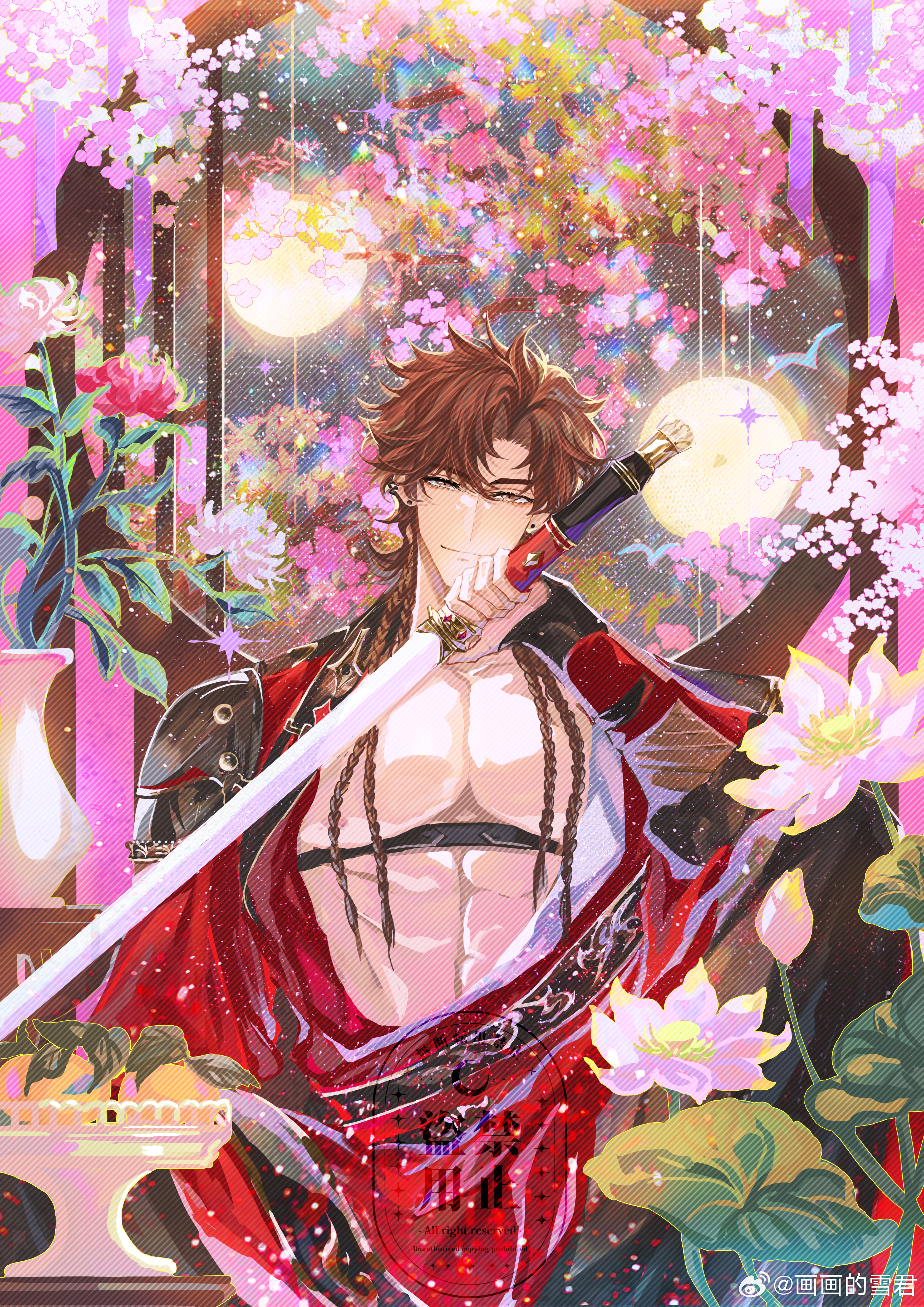 snow234, code: kite, absurdres, highres, 1boy, abs, architecture, arm guards, armor, bare pectorals, black robe, braid, brown eyes, brown hair, cherry blossoms, chest harness, chinese clothes, chrysanthemum, cowboy shot, curtained hair, earrings, east asian architecture, flower, fruit bowl, hand up, hanfu, harness, holding, holding sword, holding weapon, indoors, jewelry, jian (weapon), knee up, lantern, light particles, long hair, long sleeves, looking at viewer, lotus, lotus leaf, male focus, multiple braids, night, open clothes, open robe, pectorals, pink flower, red hanfu, red robe, robe, round window, shoulder armor, sitting, smile, solo, straight-on, stud earrings, sun ce (code: kite), sword, toned, toned male, vase, watermark, weapon, weibo watermark, window