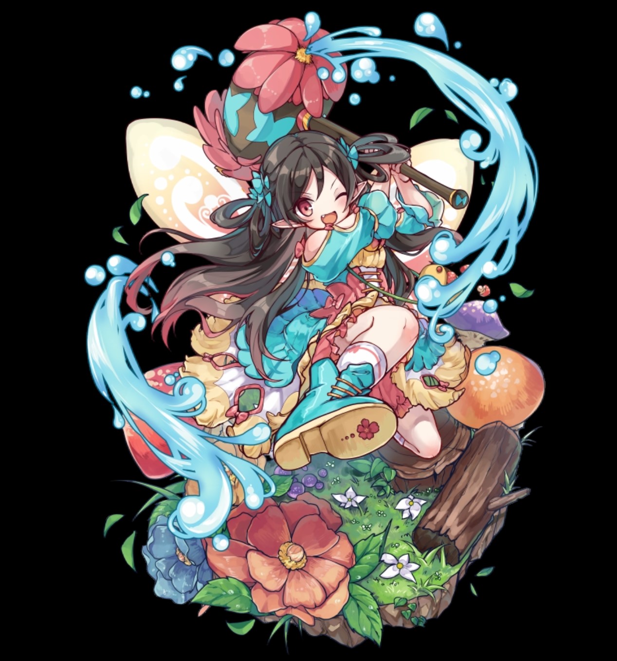 merc storia art team, merc storia, highres, official art, 1girl, :d, aqua boots, aqua bow, aqua dress, arms up, black background, black hair, blue flower, blush, boots, bow, breasts, clothing cutout, corset, dress, fang, flower, flying, full body, gradient hair, hair between eyes, hair bow, hammer, holding, holding hammer, insect wings, leaf, long hair, medium breasts, multicolored hair, one eye closed, open mouth, pink corset, pointy ears, red eyes, red flower, red hair, shoulder cutout, simple background, smile, socks, solo, tachi-e, three-quarter sleeves, tiaura (merc storia), water, white flower, white socks, wings