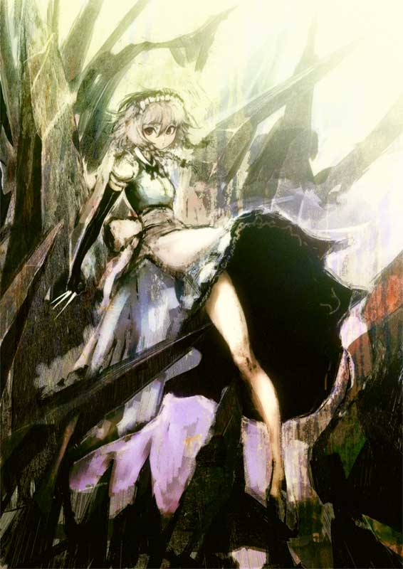 cong1991, izayoi sakuya, touhou, silver hair, bad id, bad pixiv id, 1girl, dress, female focus, knife, legs, solo, throwing knife, weapon